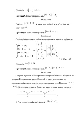 Відповідь: ( )∞∪





∞−∈ ;1
5
1
;χ .
Приклад 9. Розв’язати нерівність .
Розв’язання
Оскільки , то початкова нерівність розв’язків не має.
Відповідь: .
Приклад 10. Розв’язати нерівність .
Розв’язання
Дану нерівність можна замінити сукупністю двох систем нерівностей:
.
Відповідь: .
Приклад 11. Розв’язати нерівність
Розв’язання
Для розв’язування даної нерівності використаємо метод інтервалів для
модулів. Відзначимо на числовій прямій точки, в яких вирази, що
знаходяться під знаком модулів, перетворюються в нуль. Це точки
і . Вся числова пряма розбивається цими точками на три проміжки:
1) Розглянемо проміжок (інтервал) :
 