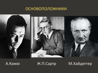 ОСНОВОПОЛОЖНИКИ
А.Камю Ж.П.Сартр М.Хайдеггер
 