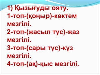1) Қызығуды ояту.
1-топ-(қоңыр)-көктем
мезгілі.
2-топ-(жасыл түс)-жаз
мезгілі.
3-топ-(сары түс)-күз
мезгілі.
4-топ-(ақ)-қыс мезгілі.
 