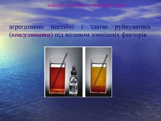 агрегативно нестійкі і здатні руйнуватись
(коагулювати) під впливом зовнішніх факторів
КАФЕДРА ФІЗИЧНОЇ ТА КОЛОЇДНОЇ ХІМІЇ
 