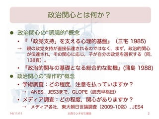 政治関心とは何か？
l  政治関心の 認識的 概念
•  『「政党支持」を支える心理的基盤』（三宅 1985)
→  親の政党支持が直接伝達されるのではなく，まず，政治的関心
が伝達され，その関心に応じ，子が自分の政党を選択する（同，
138頁）。
•  『政治的関与の基礎となる総合的な動機』(蒲島 1988)
l  政治関心の 操作的 概念
•  学術調査：どの程度，注意を払っていますか？
 → ANES，JES3まで，GLOPE（読売早稲田）
•  メディア調査：どの程度，関心がありますか？
 → メディア各社，東大朝日世論調査（2009-10迄）, JES4
14/11/11 大西ランチゼミ報告 2
 