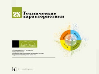 [4] /// www.marketing2s.com
Технические
характеристики
Журнал выходит 4 раза в год,
на 84 страницах,
полноцветное исполнение на клеевой основе.
Тираж печатной версии - 1000 экз.
№
1
зима№
2в
есна№
3
лето№4ос
ень
 