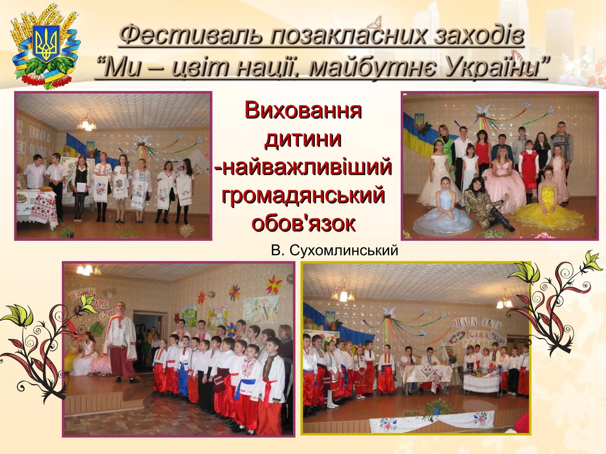 ВихованняВиховання
дитинидитини
-найважливіший-найважливіший
громадянськийгромадянський
обов'язокобов'язок
В. Сухомлинський
 