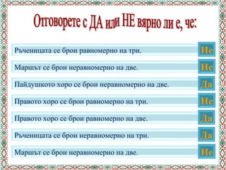 Ръченицата се брои равномерно на три. Не
Маршът се брои неравномерно на две. Не
Пайдушкото хоро се брои неравномерно на две. Да
Правото хоро се брои равномерно на три. Не
Правото хоро се брои равномерно на две. Да
Ръченицата се брои неравномерно на три. Да
Маршът се брои неравномерно на две. Не
 