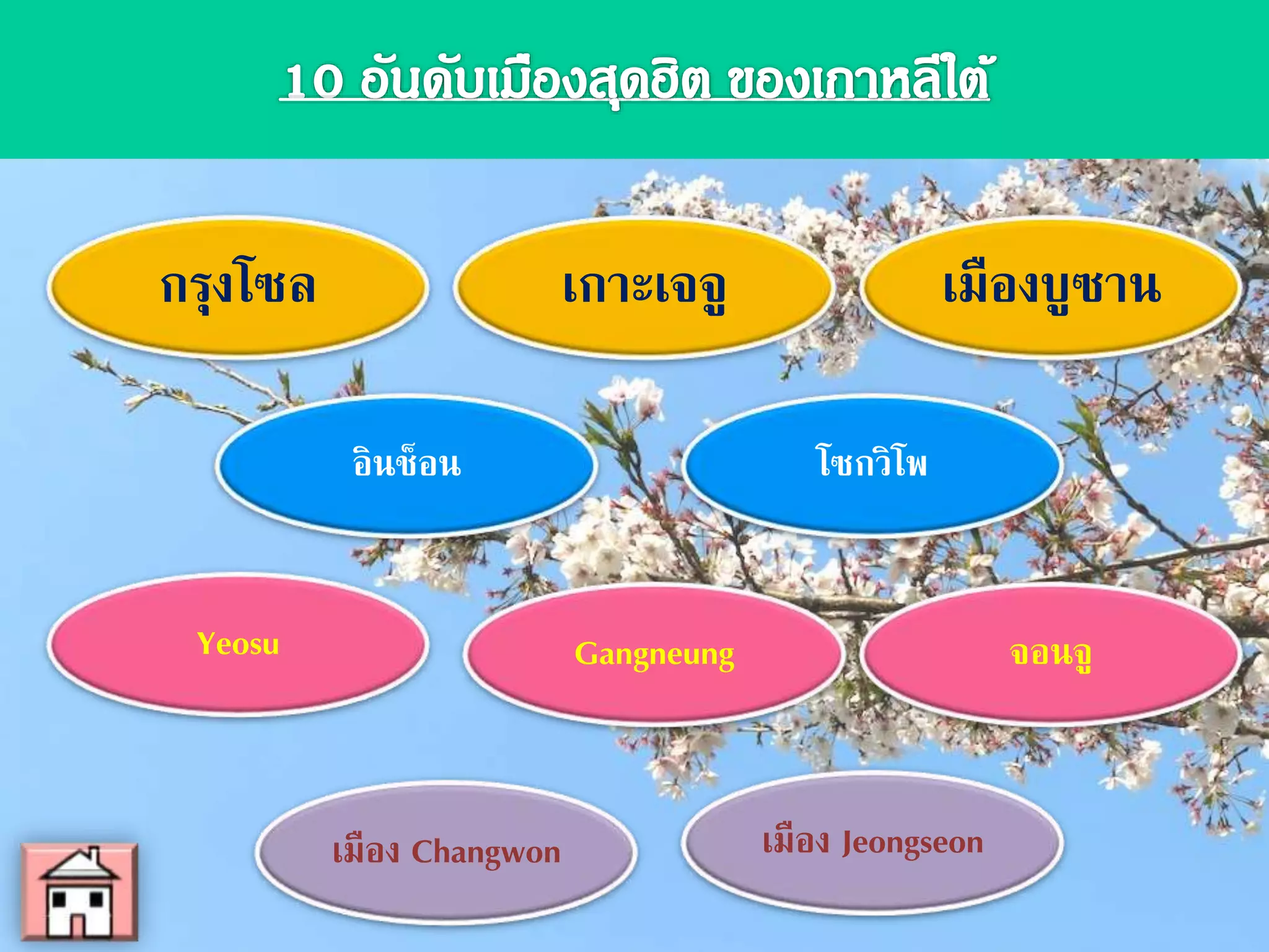 กรุงโซล
เมือง
Changwon
โซกวิโพอินช็อน
เมืองบูซานเกาะเจจู
เมือง
Jeongseon
GangneungYeosu จอนจู
 