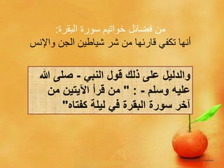 ‫البقرة‬ ‫سورة‬ ‫خواتيم‬ ‫فضائل‬ ‫من‬:
‫واإلن‬ ‫الجن‬ ‫شياطين‬ ‫شر‬ ‫من‬ ‫قارئها‬ ‫تكفي‬ ‫أنها‬‫س‬
‫النبي‬ ‫قول‬ ‫ذلك‬ ‫على‬ ‫والدليل‬-‫هللا‬ ‫صلى‬
‫وسلم‬ ‫عليه‬-" :‫من‬ ‫اآليتين‬ ‫قرأ‬ ‫من‬
‫كفتاه‬ ‫ليلة‬ ‫في‬ ‫البقرة‬ ‫سورة‬ ‫آخر‬"
 