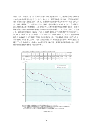 4
新設。また、口頭によることが多かった取引の媒介依頼について、媒介契約の存否や内容
をめぐる紛争が多発していたことから、あわせて、媒介契約成立後における契約内容を記
載した書面の交付義務を追加」とあり、宅地建物取引制度の改正が続いていたことが分か
る。同時に機関紙（７）
には昭和５５年５月時点で後の昭和５9 年４月１２日に「一般財団
法人不動産適正取引推進機構」として発足する団体の宅地建物取引に関する苦情・紛争の
簡易迅速な処理体制の整備を衆議院と参議院から付帯決議として求められていたことも分
かる。総務庁行政監査局（1984、Ｐ.8）の相談等受付状況では昭和 56 年度の苦情紛争は
24,708 件と昭和５４年まで下回ることのなかった 3 万件を下回った。昭和 57 年度の苦情
紛争も 22,345 件と２年連続で苦情紛争の相談が減少し、宅地建物取引業法を導入した効
果が発揮されたと考えられる。そして公益財団法人不動産流通近代化センターが発表した
概況（8）
から平成 15 年～平成 24 年の間に記録された国土交通省及び都道府県における苦
情紛争相談件数の推移を下記に添付する。
 