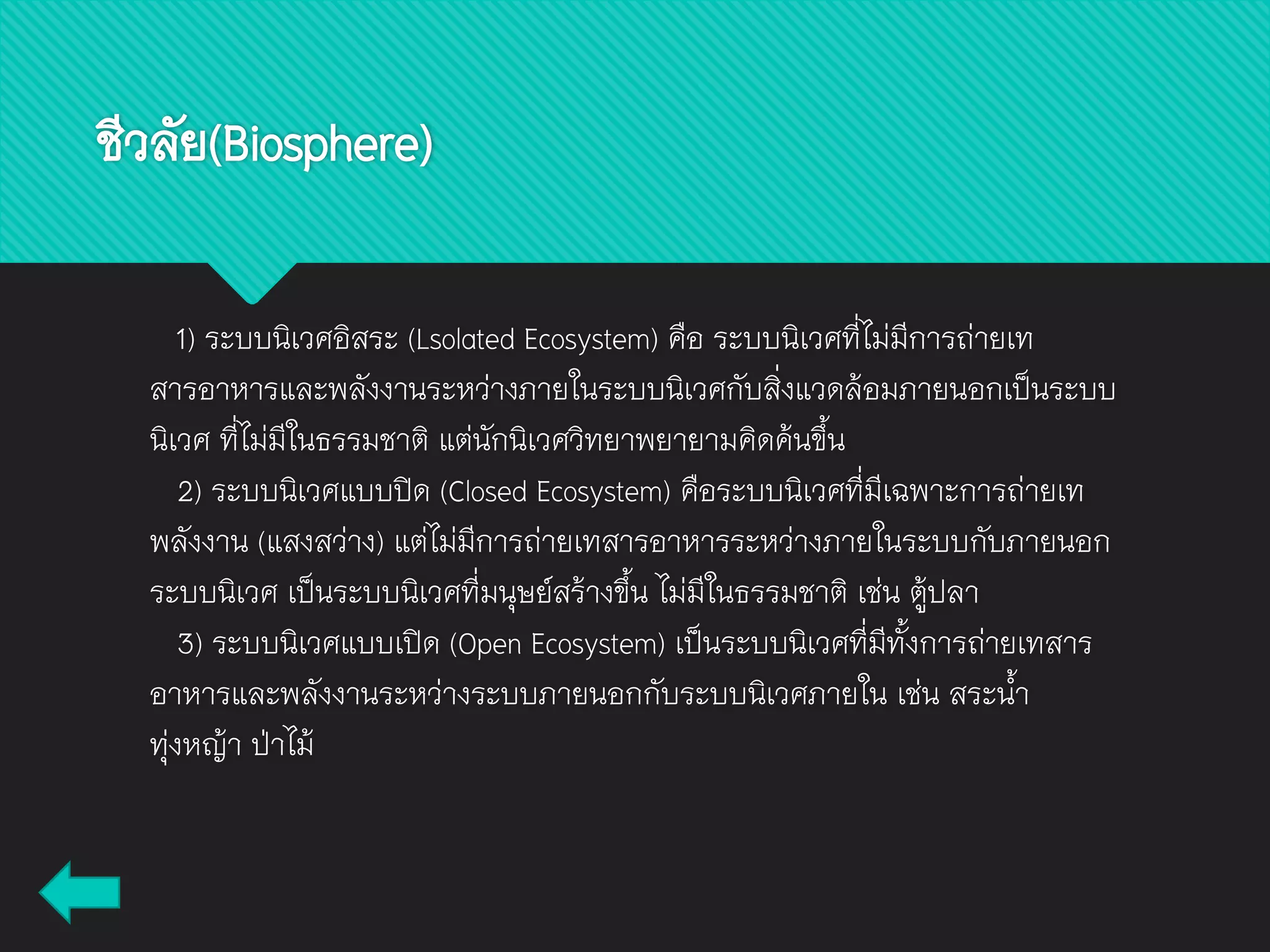 ชีวลัย(Biosphere)
1) ระบบนิเวศอิสระ (Lsolated Ecosystem) คือ ระบบนิเวศที่ไม่มีการถ่ายเท
สารอาหารและพลังงานระหว่างภายในระบบนิเวศกับสิ่งแวดล้อมภายนอกเป็นระบบ
นิเวศ ที่ไม่มีในธรรมชาติ แต่นักนิเวศวิทยาพยายามคิดค้นขึ้น
2) ระบบนิเวศแบบปิด (Closed Ecosystem) คือระบบนิเวศที่มีเฉพาะการถ่ายเท
พลังงาน (แสงสว่าง) แต่ไม่มีการถ่ายเทสารอาหารระหว่างภายในระบบกับภายนอก
ระบบนิเวศ เป็นระบบนิเวศที่มนุษย์สร้างขึ้น ไม่มีในธรรมชาติ เช่น ตู้ปลา
3) ระบบนิเวศแบบเปิด (Open Ecosystem) เป็นระบบนิเวศที่มีทั้งการถ่ายเทสาร
อาหารและพลังงานระหว่างระบบภายนอกกับระบบนิเวศภายใน เช่น สระน้า
ทุ่งหญ้า ป่าไม้
 