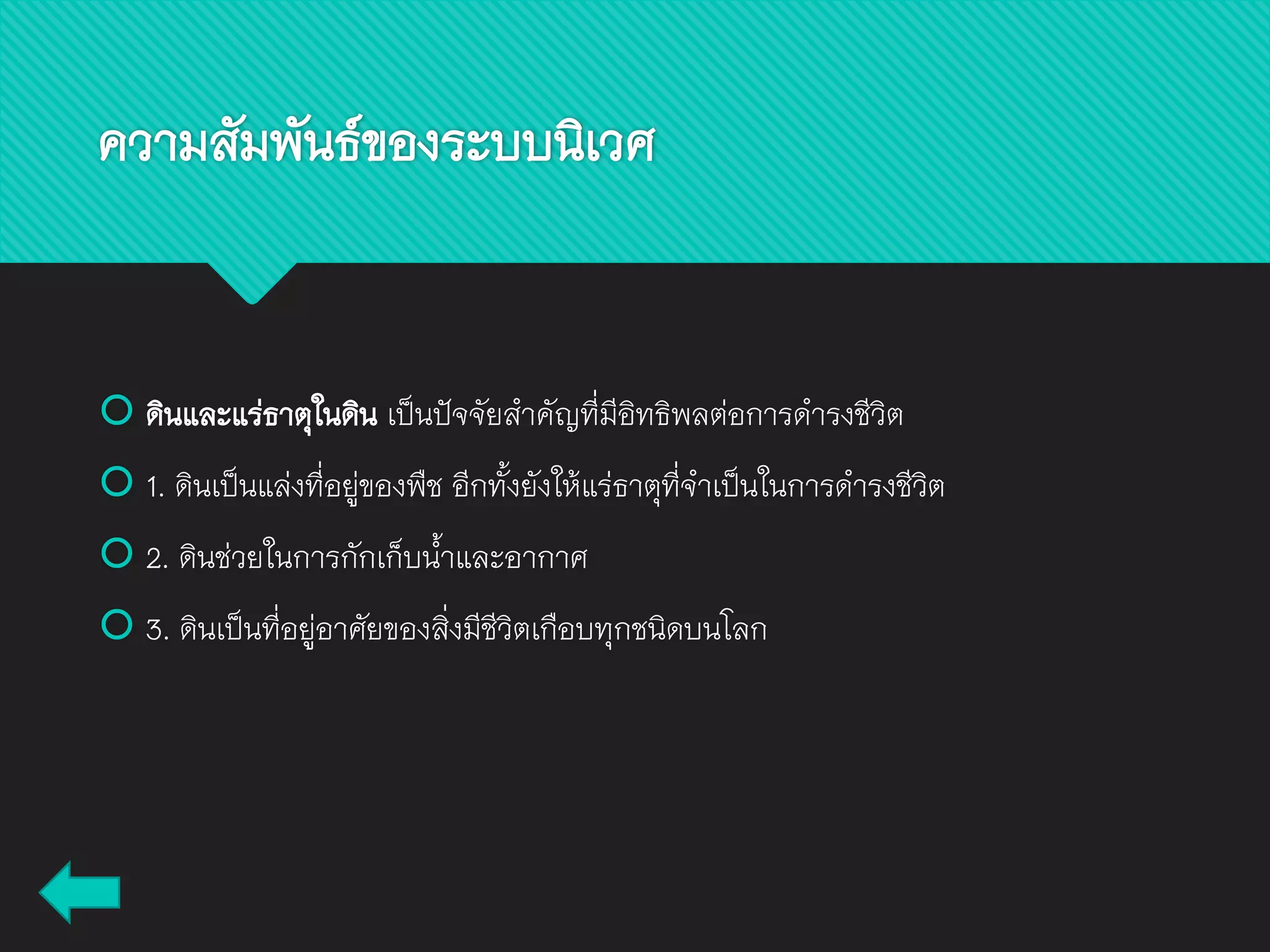  ดินและแร่ธาตุในดิน เป็นปัจจัยสาคัญที่มีอิทธิพลต่อการดารงชีวิต
 1. ดินเป็นแล่งที่อยู่ของพืช อีกทั้งยังให้แร่ธาตุที่จาเป็นในการดารงชีวิต
 2. ดินช่วยในการกักเก็บน้าและอากาศ
 3. ดินเป็นที่อยู่อาศัยของสิ่งมีชีวิตเกือบทุกชนิดบนโลก
ความสัมพันธ์ของระบบนิเวศ
 