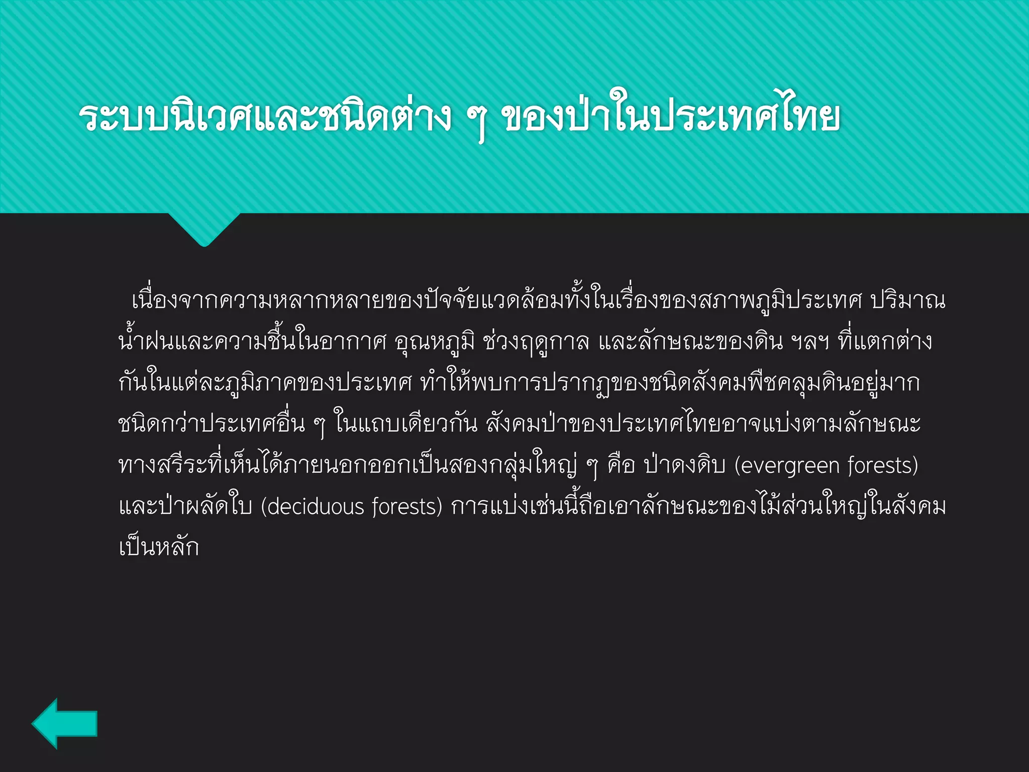 ระบบนิเวศและชนิดต่าง ๆ ของป่าในประเทศไทย
เนื่องจากความหลากหลายของปัจจัยแวดล้อมทั้งในเรื่องของสภาพภูมิประเทศ ปริมาณ
น้าฝนและความชื้นในอากาศ อุณหภูมิ ช่วงฤดูกาล และลักษณะของดิน ฯลฯ ที่แตกต่าง
กันในแต่ละภูมิภาคของประเทศ ทาให้พบการปรากฏของชนิดสังคมพืชคลุมดินอยู่มาก
ชนิดกว่าประเทศอื่น ๆ ในแถบเดียวกัน สังคมป่าของประเทศไทยอาจแบ่งตามลักษณะ
ทางสรีระที่เห็นได้ภายนอกออกเป็นสองกลุ่มใหญ่ ๆ คือ ป่าดงดิบ (evergreen forests)
และป่าผลัดใบ (deciduous forests) การแบ่งเช่นนี้ถือเอาลักษณะของไม้ส่วนใหญ่ในสังคม
เป็นหลัก
 