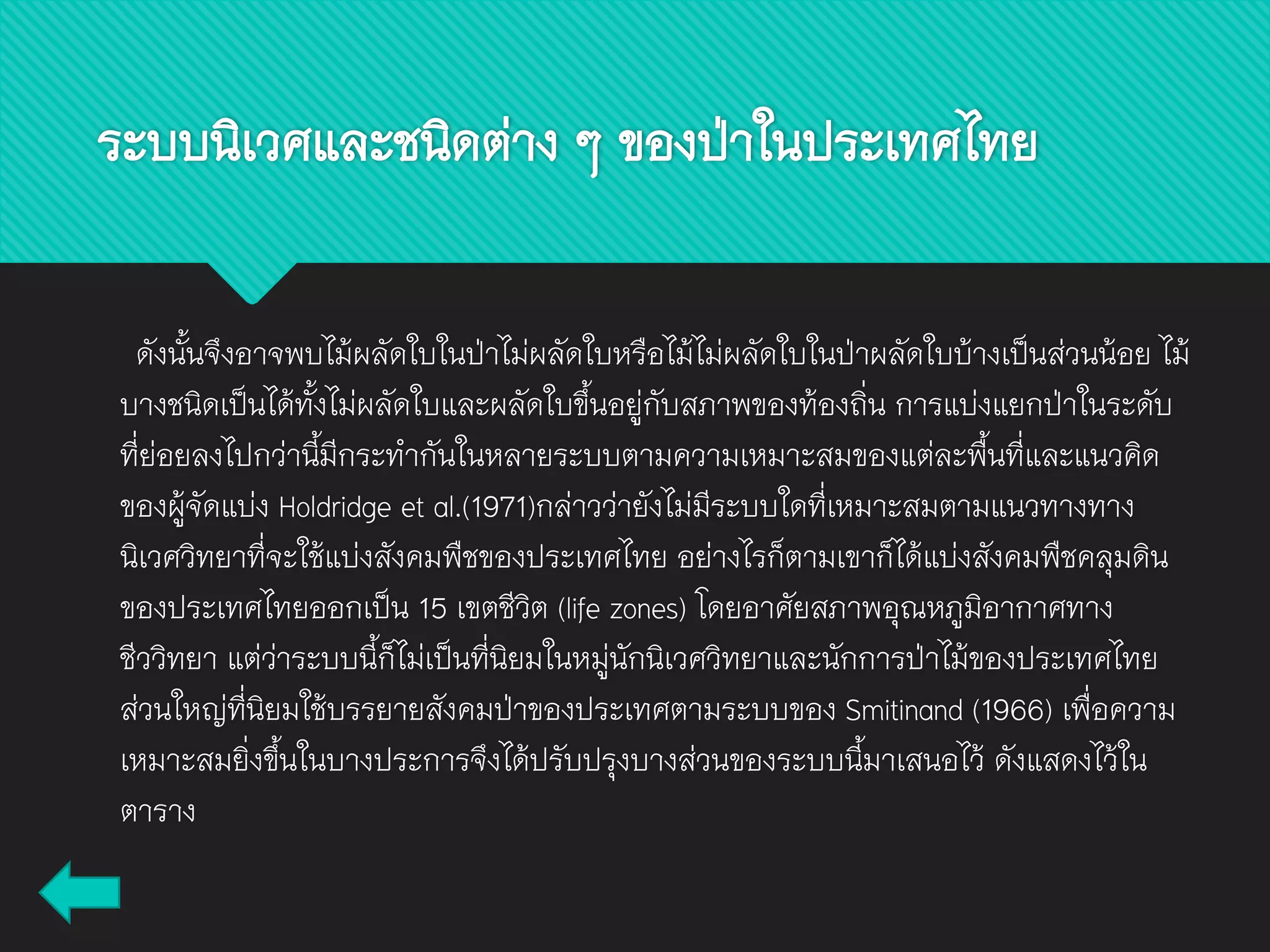 ดังนั้นจึงอาจพบไม้ผลัดใบในป่าไม่ผลัดใบหรือไม้ไม่ผลัดใบในป่าผลัดใบบ้างเป็นส่วนน้อย ไม้
บางชนิดเป็นได้ทั้งไม่ผลัดใบและผลัดใบขึ้นอยู่กับสภาพของท้องถิ่น การแบ่งแยกป่าในระดับ
ที่ย่อยลงไปกว่านี้มีกระทากันในหลายระบบตามความเหมาะสมของแต่ละพื้นที่และแนวคิด
ของผู้จัดแบ่ง Holdridge et al.(1971)กล่าวว่ายังไม่มีระบบใดที่เหมาะสมตามแนวทางทาง
นิเวศวิทยาที่จะใช้แบ่งสังคมพืชของประเทศไทย อย่างไรก็ตามเขาก็ได้แบ่งสังคมพืชคลุมดิน
ของประเทศไทยออกเป็น 15 เขตชีวิต (life zones) โดยอาศัยสภาพอุณหภูมิอากาศทาง
ชีววิทยา แต่ว่าระบบนี้ก็ไม่เป็นที่นิยมในหมู่นักนิเวศวิทยาและนักการป่าไม้ของประเทศไทย
ส่วนใหญ่ที่นิยมใช้บรรยายสังคมป่าของประเทศตามระบบของ Smitinand (1966) เพื่อความ
เหมาะสมยิ่งขึ้นในบางประการจึงได้ปรับปรุงบางส่วนของระบบนี้มาเสนอไว้ ดังแสดงไว้ใน
ตาราง
ระบบนิเวศและชนิดต่าง ๆ ของป่าในประเทศไทย
 
