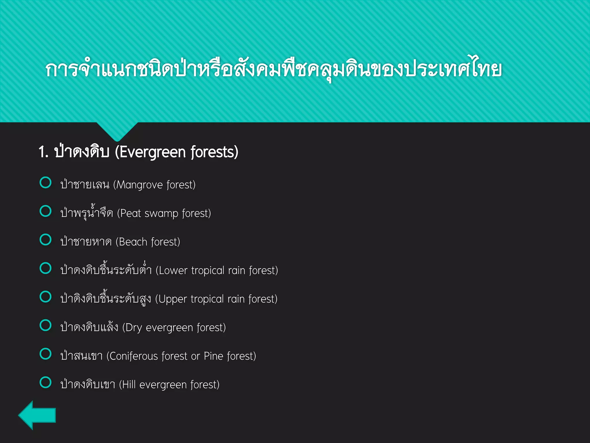 การจาแนกชนิดป่าหรือสังคมพืชคลุมดินของประเทศไทย
1. ป่าดงดิบ (Evergreen forests)
 ป่าชายเลน (Mangrove forest)
 ป่าพรุน้าจืด (Peat swamp forest)
 ป่าชายหาด (Beach forest)
 ป่าดงดิบชื้นระดับต่า (Lower tropical rain forest)
 ป่าดิงดิบชื้นระดับสูง (Upper tropical rain forest)
 ป่าดงดิบแล้ง (Dry evergreen forest)
 ป่าสนเขา (Coniferous forest or Pine forest)
 ป่าดงดิบเขา (Hill evergreen forest)
 