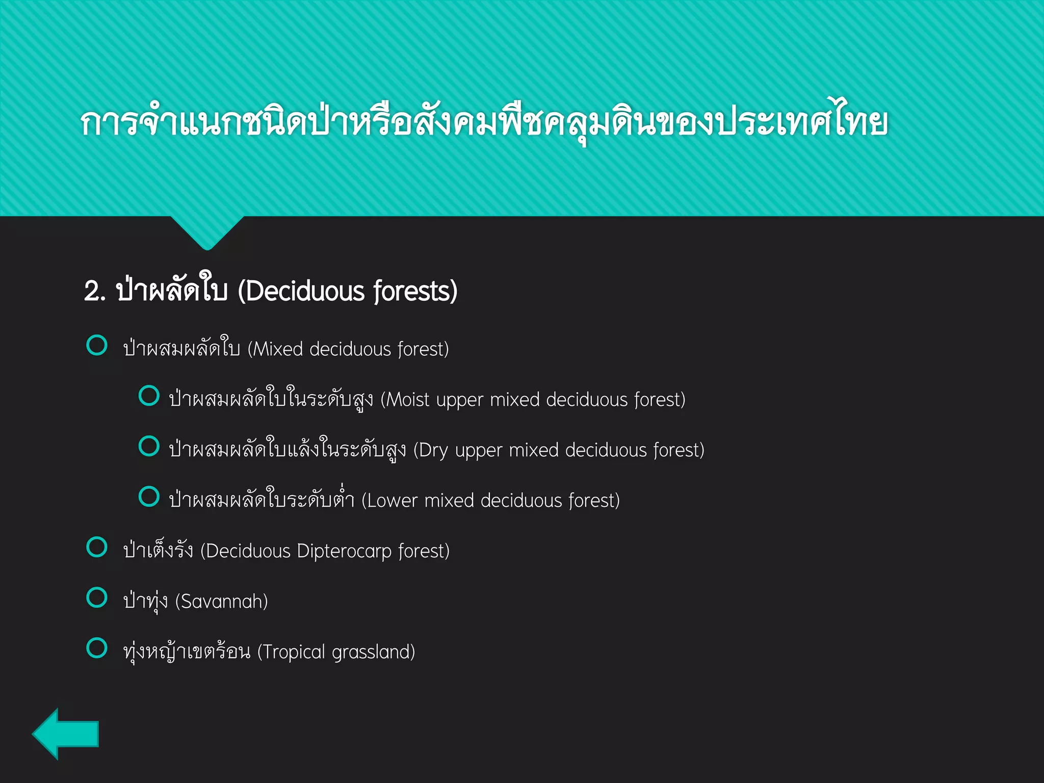 2. ป่าผลัดใบ (Deciduous forests)
 ป่าผสมผลัดใบ (Mixed deciduous forest)
 ป่าผสมผลัดใบในระดับสูง (Moist upper mixed deciduous forest)
 ป่าผสมผลัดใบแล้งในระดับสูง (Dry upper mixed deciduous forest)
 ป่าผสมผลัดใบระดับต่า (Lower mixed deciduous forest)
 ป่าเต็งรัง (Deciduous Dipterocarp forest)
 ป่าทุ่ง (Savannah)
 ทุ่งหญ้าเขตร้อน (Tropical grassland)
การจาแนกชนิดป่าหรือสังคมพืชคลุมดินของประเทศไทย
 