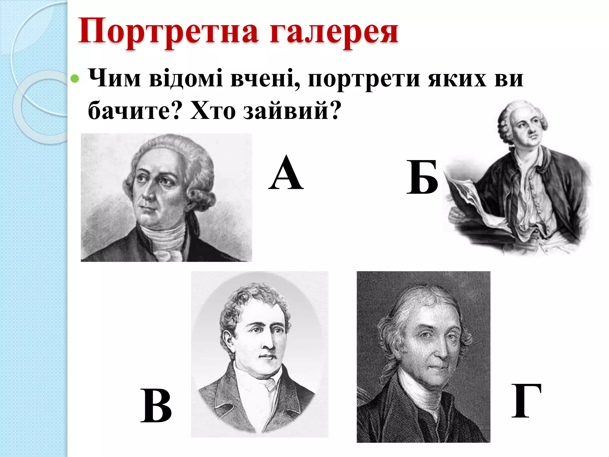 Портретна галерея
 Чим відомі вчені, портрети яких ви
бачите? Хто зайвий?
А Б
В Г
 