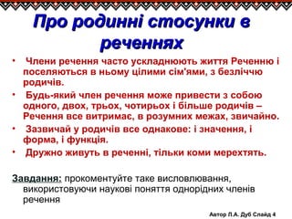 Автор Л.А. Дуб Слайд 4
• Члени речення часто ускладнюють життя Реченню і
поселяються в ньому цілими сім'ями, з безліччю
родичів.
• Будь-який член речення може привести з собою
одного, двох, трьох, чотирьох і більше родичів –
Речення все витримає, в розумних межах, звичайно.
• Зазвичай у родичів все однакове: і значення, і
форма, і функція.
• Дружно живуть в реченні, тільки коми мерехтять.
Завдання: прокоментуйте таке висловлювання,
використовуючи наукові поняття однорідних членів
речення
Про родинні стосунки вПро родинні стосунки в
реченняхреченнях
 