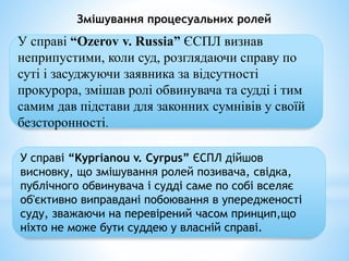 Змішування процесуальних ролей
У справі “Ozerov v. Russia” ЄСПЛ визнав
неприпустими, коли суд, розглядаючи справу по
суті і засуджуючи заявника за відсутності
прокурора, змішав ролі обвинувача та судді і тим
самим дав підстави для законних сумнівів у своїй
безсторонності.
У справі “Kyprianou v. Cyrpus” ЄСПЛ дійшов
висновку, що змішування ролей позивача, свідка,
публічного обвинувача і судді саме по собі вселяє
об'єктивно виправдані побоювання в упередженості
суду, зважаючи на перевірений часом принцип,що
ніхто не може бути суддею у власній справі.
 