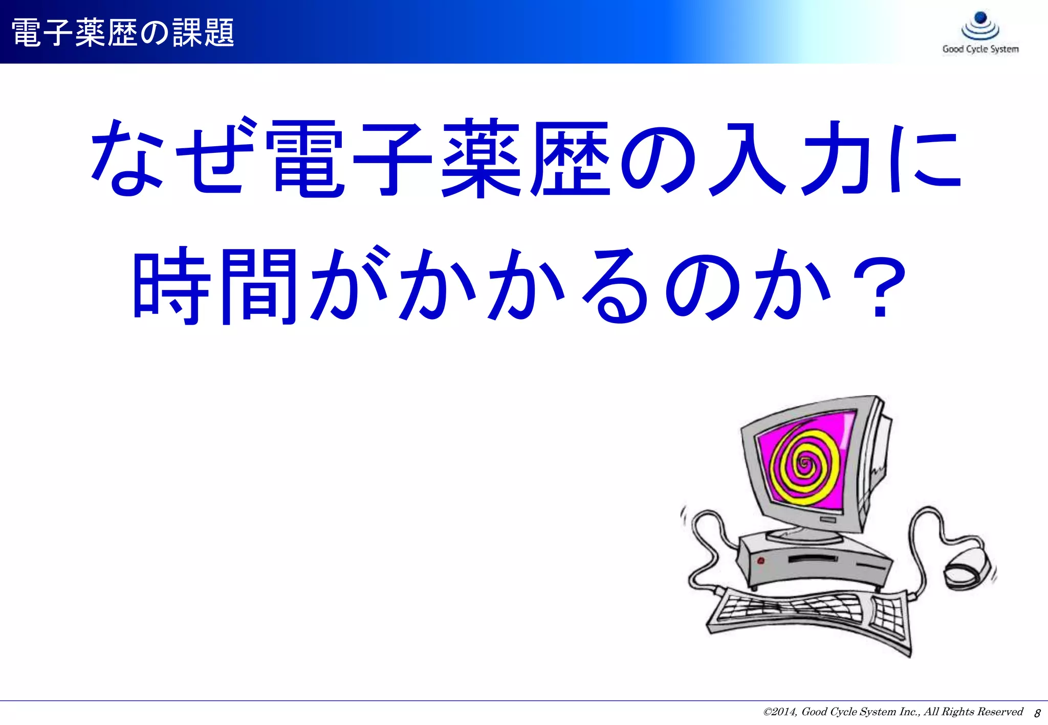 ©2014, Good Cycle System Inc., All Rights Reserved
電子薬歴の課題
8
なぜ電子薬歴の入力に
時間がかかるのか？
 