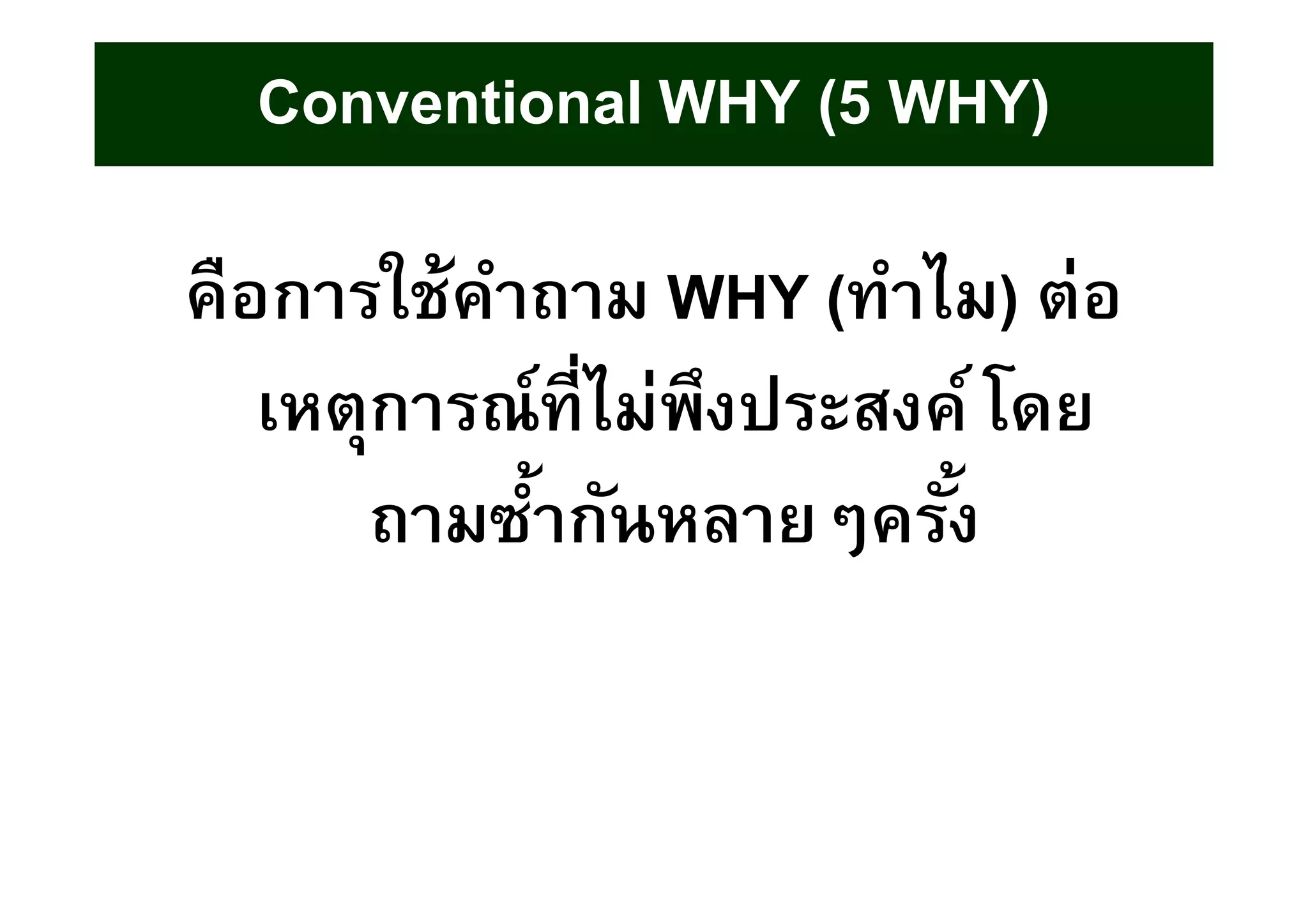 คือการใช้คําถาม WHY (ทําไม) ต่อ
เหตุการณ์ทีไม่พึงประสงค์ โดย
ถามซํากันหลายๆครัง
Conventional WHY (5 WHY)
 
