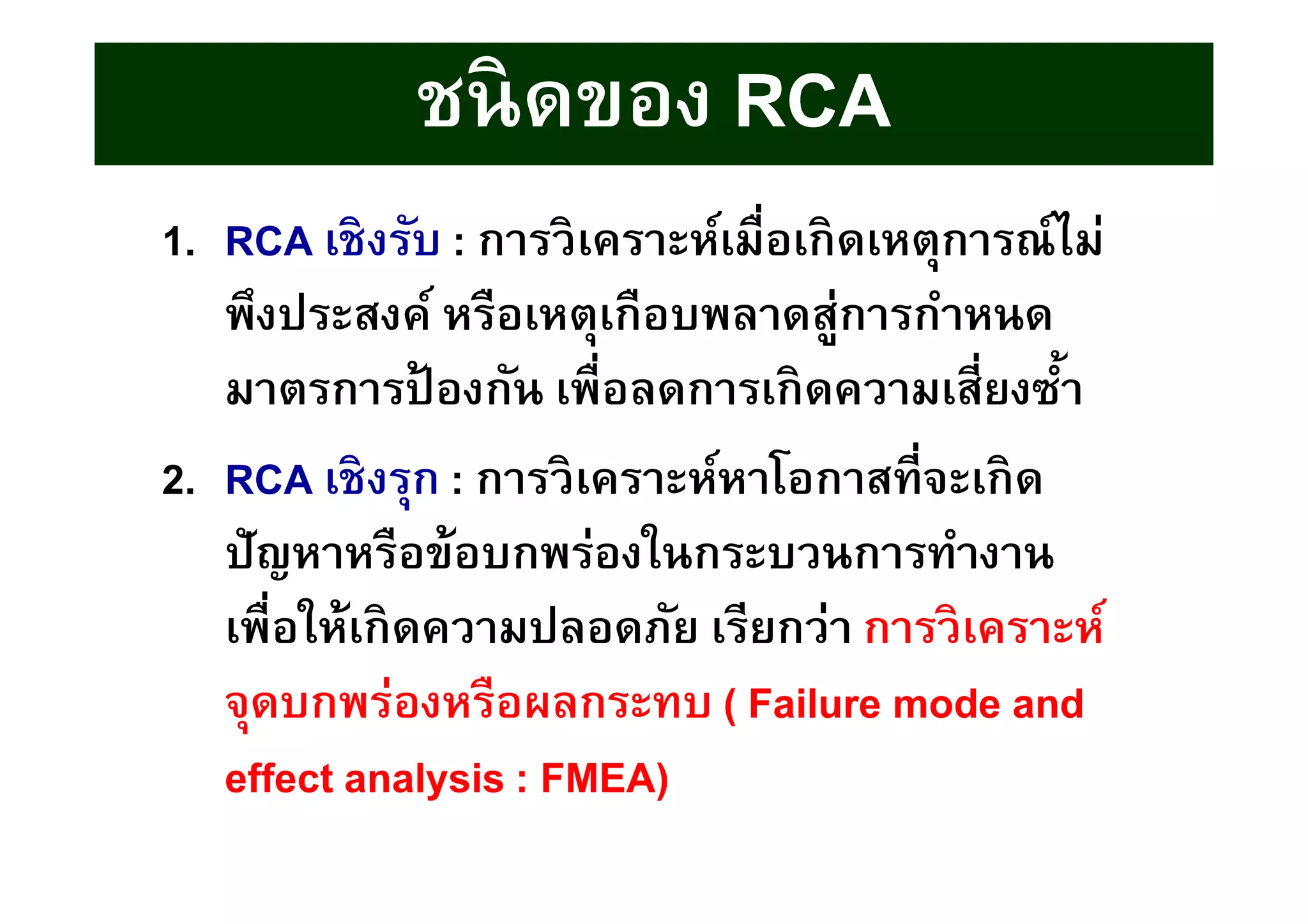 ชนิดของชนิดของ RCARCAชนิดของชนิดของ RCARCA
1. RCA เชิงรับ : การวิเคราะห์เมือเกิดเหตุการณ์ไม่
พึงประสงค์ หรือเหตุเกือบพลาดสู่การกําหนด
มาตรการป้ องกัน เพือลดการเกิดความเสียงซํา
2. RCA เชิงรุก : การวิเคราะห์หาโอกาสทีจะเกิด
ปัญหาหรือข้อบกพร่องในกระบวนการทํางาน
เพือให้เกิดความปลอดภัย เรียกว่า การวิเคราะห์
จุดบกพร่องหรือผลกระทบ ( Failure mode and
effect analysis : FMEA)
 