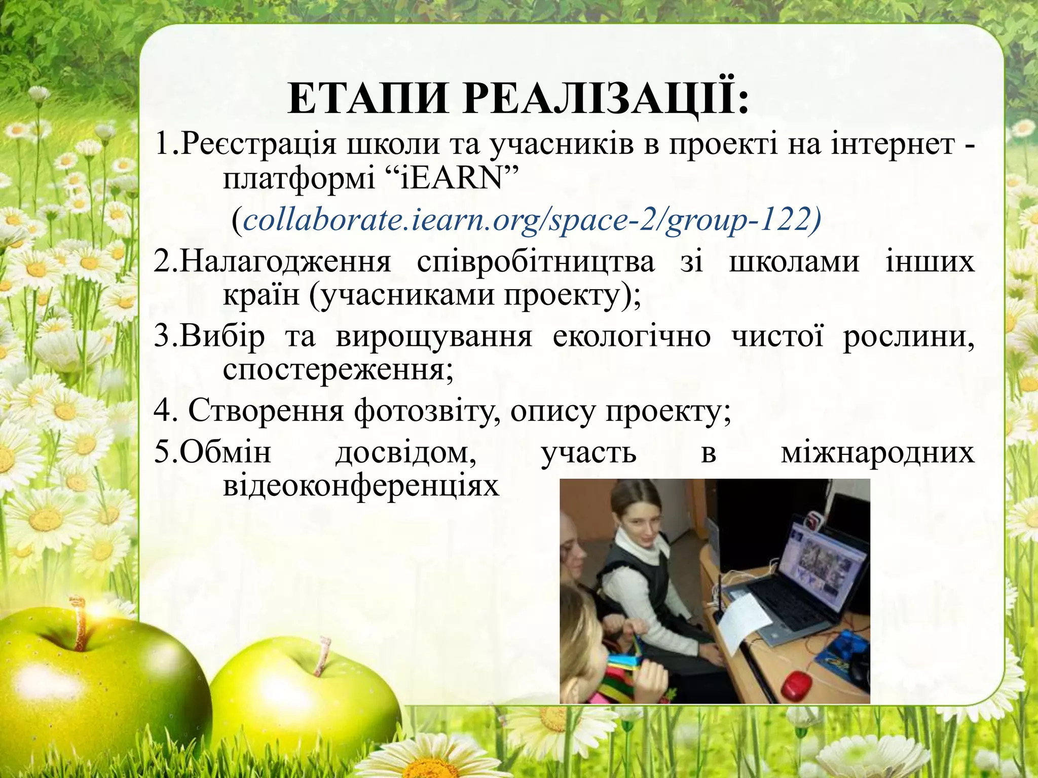 ЕТАПИ РЕАЛІЗАЦІЇ:
1.Реєстрація школи та учасників в проекті на інтернет -
платформі “iEARN”
(collaborate.iearn.org/space-2/group-122)
2.Налагодження співробітництва зі школами інших
країн (учасниками проекту);
3.Вибір та вирощування екологічно чистої рослини,
спостереження;
4. Створення фотозвіту, опису проекту;
5.Обмін досвідом, участь в міжнародних
відеоконференціях
 