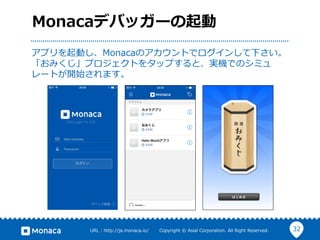 32URL  :  http://ja.monaca.io/              Copyright  ©  Asial  Corporation.  All  Right  Reserved.
Monacaデバッガーの起動
アプリを起動し、Monacaのアカウントでログインして下さい。
「おみくじ」プロジェクトをタップすると、実機でのシミュ
レートが開始されます。
 
