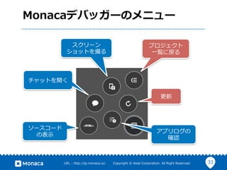 33URL  :  http://ja.monaca.io/              Copyright  ©  Asial  Corporation.  All  Right  Reserved.
Monacaデバッガーのメニュー
更更新
プロジェクト
⼀一覧に戻る
スクリーン
ショットを撮る
チャットを開く
ソースコード
の表⽰示
アプリログの
確認
 