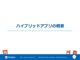 4URL  :  http://ja.monaca.io/              Copyright  ©  Asial  Corporation.  All  Right  Reserved.
ハイブリッドアプリの概要
 