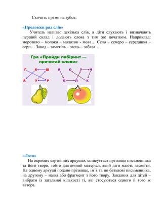Скочить прямо на зубок.
«Продовжи ряд слів»
Учитель називає декілька слів, а діти слухають і визначають
перший склад і додають слова з тим же початком. Наприклад:
морозиво – молоко – молоток - мова… Село – семеро – серединка –
серп… Завод – заметіль – заєць – забава…
«Лото»
На окремих картонних аркушах записується прізвище письменника
та його твори, тобто фактичний матеріал, який діти мають засвоїти.
На одному аркуші подано прізвище, ім’я та по батькові письменника,
на другому – назва або фрагмент з його твору. Завдання для дітей –
вибрати із загальної кількості ті, які стосуються одного й того ж
автора.
 
