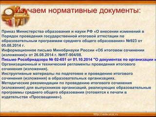 Изучаем нормативные документы:
23.02.15 2
Приказ Министерства образования и науки РФ «О внесении изменений в
Порядок проведения государственной итоговой аттестации по
образовательным программам среднего общего образования» №923 от
05.08.2014 г.
Информационное письмо Минобрнауки России «Об итоговом сочинении
(изложении)» от 26.08.2014 г. №НТ-904/08.
Письмо Рособрнадзора № 02-651 от 01.10.2014 "О документах по организации и
Организационный и технический регламенты проведения итогового
сочинения (изложения).
Инструктивные материалы по подготовке и проведению итогового
сочинения (изложения) в образовательных организациях.
Методические рекомендации по проведению итогового сочинения
(изложения) для выпускников организаций, реализующих образовательные
программы среднего общего образования (готовятся к печати в
издательстве «Просвещение»).
 