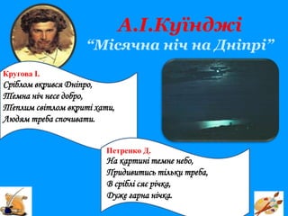 А.І.Куїнджі
“Місячна ніч на Дніпрі”
Кругова І.
Сріблом вкрився Дніпро,
Темна ніч несе добро,
Теплим світлом вкриті хати,
Людям треба спочивати.
Петренко Д.
На картині темне небо,
Придивитись тільки треба,
В сріблі сяє річка,
Дуже гарна нічка.
 