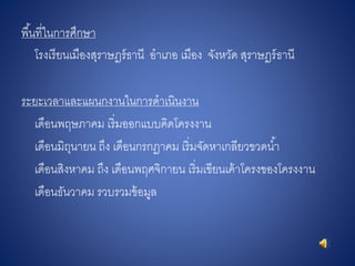 พื้นที่ในการศึกษา
โรงเรียนเมืองสุราษฎร์ธานี อาเภอ เมือง จังหวัด สุราษฎร์ธานี
ระยะเวลาและแผนกงานในการดาเนินงาน
เดือนพฤษภาคม เริ่มออกแบบคิดโครงงาน
เดือนมิถุนายน ถึง เดือนกรกฎาคม เริ่มจัดหาเกลียวขวดน้า
เดือนสิงหาคม ถึง เดือนพฤศจิกายน เริ่มเขียนเค้าโครงของโครงงาน
เดือนธันวาคม รวบรวมข้อมูล
 