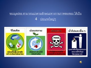ขยะมูลฝอย สามารถแบ่งตามลักษณะทางกายภาพของขยะ ได้เป็น
4 ประเภทใหญ่ๆ
 