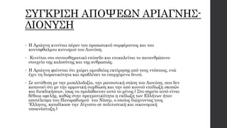 ΣΥΓΚΡΙΣΗ ΑΠΟΨΕΩΝ ΑΡΙΑΓΝΗΣ-
ΔΙΟΝΥΣΗ
• Η Αριάγνη κινείται πέραν του προσωπικού συμφέροντος και του
κοντόφθαλμου κυνισμού του Διονύση.
• Κινείται στο συναισθηματικό επίπεδο και επικαλείται το πανανθρώπινο
στοιχείο της καλοσύνης και της ανθρωπιάς.
• Η Αριάγνη φαίνεται ότι χαίρει αμοιβαίας εκτίμησης από τους ντόπιους, ενώ
έχει τη διορατικότητα και προβλέπει τα επερχόμενα δεινά.
• Σε αντίθεση με την μισαλλοδοξία, την ρατσιστική στάση του Διονύση, που δεν
κατανοεί ότι με την αρμονική συμβίωση και την από κοινού επιδίωξη σκοπών
και διεκδικήσεων, ίσως να προλάβαιναν αυτό το μένος.( Στο σημείο αυτό είναι
βέβαια αφελής, καθώς στην πραγματικότητα η εκδίωξη των Ελλήνων ήταν
αποτέλεσμα του Παναραβισμού του Νάσερ, ο οποίος διώχνοντας τους
‘Ελληνες, καταδίκασε την Αίγυπτο σε πολιτιστική και οικονομική
υποανάπτυξη.)
 