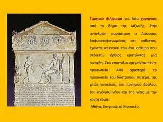 Τιμητικό ψήφισμα για δύο χορηγούς
από το δήμο της Αιξωνής. Στην
ανάγλυφη παράσταση ο Διόνυσος
δαφνοστεφανωμένος και καθιστός,
έχοντας απέναντί του ένα σάτυρο που
στέκεται όρθιος κρατώντας μία
οινοχόη. Στο επιστύλιο κρέμονται πέντε
προσωπεία. Από αριστερά: το
προσωπείο του δύστροπου πατέρα, της
γριάς γυναίκας, του πονηρού δούλου,
του αγένιου νέου και της νέας με την
κοντή κόμη.
Αθήνα, Επιγραφικό Μουσείο.
 