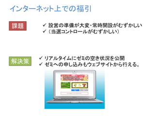 インターネット上での福引
 設営の準備が大変・常時開設がむずかしい
 （当選コントロールがむずかしい）
課題
解決策
 リアルタイムにゼミの空き状況を公開
 ゼミへの申し込みもウェブサイトから行える。
 
