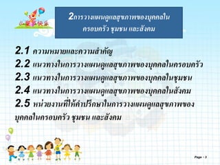 Page 3
2การวางแผนดูแลสุขภาพของบุคคลใน
ครอบครัว ชุมชน และสังคม
2.1 ความหมายและความสาคัญ
2.2 แนวทางในการวางแผนดูแลสุขภาพของบุคคลในครอบครัว
2.3 แนวทางในการวางแผนดูแลสุขภาพของบุคคลในชุมชน
2.4 แนวทางในการวางแผนดูแลสุขภาพของบุคคลในสังคม
2.5 หน่วยงานที่ให้คาปรึกษาในการวางแผนดูแลสุขภาพของ
บุคคลในครอบครัว ชุมชน และสังคม
 