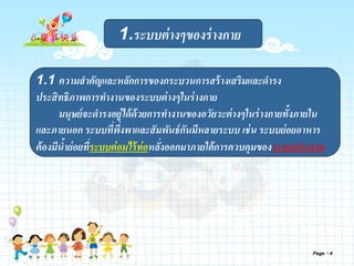 Page 4
1.1 ความสาคัญและหลักการของกระบวนการสร้างเสริมและดารง
ประสิทธิภาพการทางานของระบบต่างๆในร่างกาย
มนุษย์จะดารงอยู่ได้ด้วยการทางานของอวัยวะต่างๆในร่างกายทั้งภายใน
และภายนอก ระบบที่พึ่งพาและสัมพันธ์กันมีหลายระบบ เช่น ระบบย่อยอาหาร
ต้องมีน้าย่อยที่ระบบต่อมไร้ท่อหลั่งออกมาภายใต้การควบคุมของระบบประสาท
1.ระบบต่างๆของร่างกาย
 