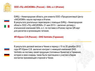 ООО «ПЦ «АКСИОМА» (Россия) – SAIL s.r.l (Италия)
ЕИКЦ – Нижегородская область для клиента ООО «Процессинговый Центр
«АКСИОМА» нашла партнера в Италии.
В результате длительных переговоров с помощью ЕИКЦ – Нижегородская
область ООО «ПЦ «АКСИОМА» 31 мая 2013 г. заключил договор с
итальянской компанией SAIL s.r.l. по поставке в Италию партии QR-карт
для расчетов в организациях питания.
В результате деловой миссии в Чехию в период с 15 по 20 декабря 2013
года ИП Юркин С.В. заключил контракт с немецкой компанией DHG
Vertriebs на поставку своей продукции (топливных брикетов) в Германию,
которая в свою очередь также была приглашена к участию в бирже
контактов принимающей стороной в Чехии.
ИП Юркин С.В (Россия) – DHG Vertriebs (Германия)
 