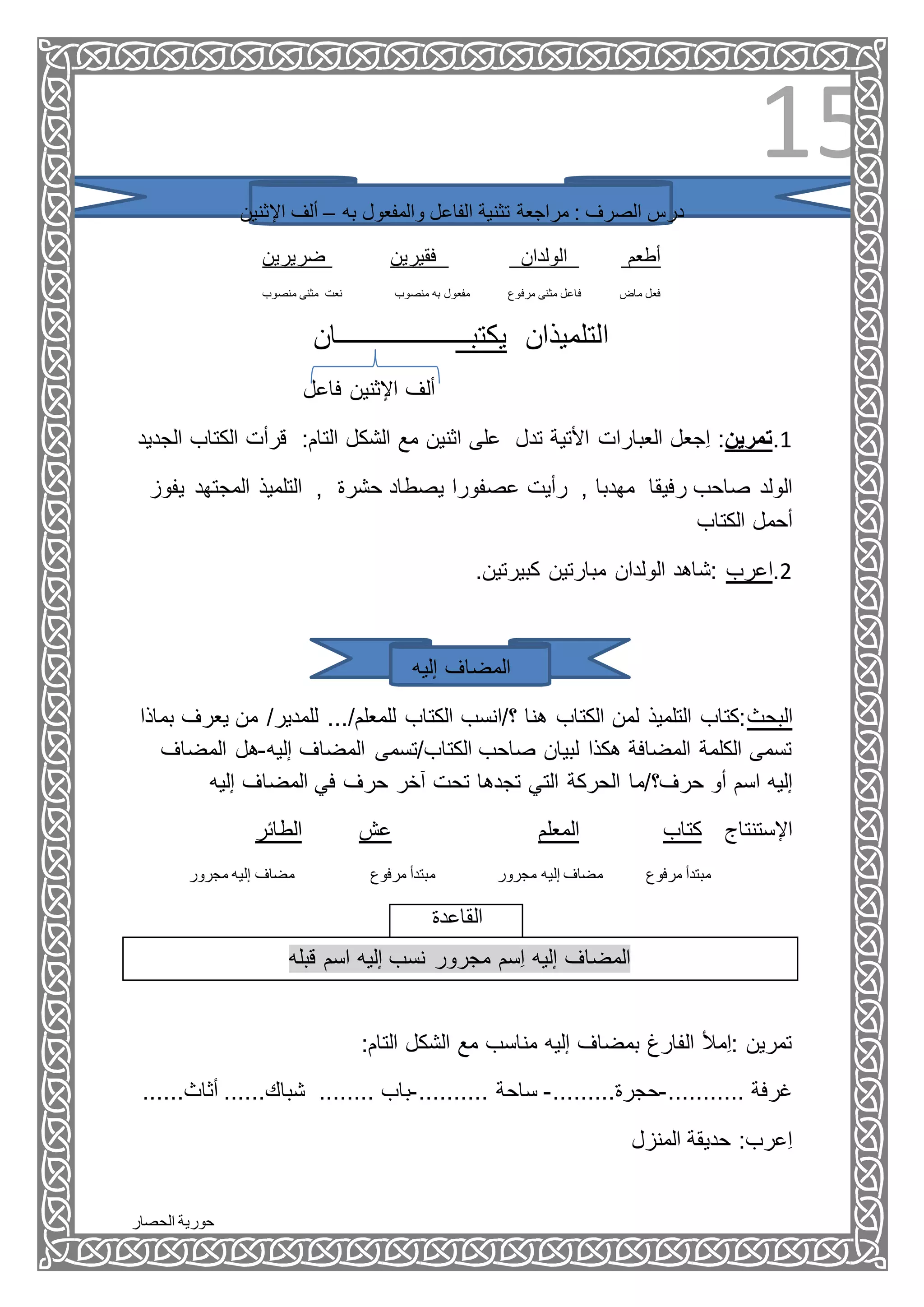 ‫الحصار‬ ‫حورية‬
15
‫به‬ ‫والمفعول‬ ‫الفاعل‬ ‫تثنية‬ ‫مراجعة‬ : ‫الصرف‬ ‫درس‬–‫اإلثنين‬ ‫ألف‬
‫ضريرين‬ ‫فقيرين‬ ‫الولدان‬ ‫أطعم‬
‫به‬ ‫مفعول‬ ‫مرفوع‬ ‫مثنى‬ ‫فاعل‬ ‫ماض‬ ‫فعل‬‫منصوب‬ ‫مثنى‬ ‫نعت‬ ‫منصوب‬
‫يكتبـــــــــــــــــــان‬ ‫التلميذان‬
‫فاعل‬ ‫اإلثنين‬ ‫ألف‬
‫الجديد‬ ‫الكتاب‬ ‫قرأت‬ :‫التام‬ ‫الشكل‬ ‫مع‬ ‫اثنين‬ ‫على‬ ‫تدل‬ ‫األتية‬ ‫العبارات‬ ‫ِجعل‬‫ا‬ :‫1.تمرين‬
‫رفيقا‬ ‫صاحب‬ ‫الولد‬, ‫حشرة‬ ‫يصطاد‬ ‫عصفورا‬ ‫رأيت‬ , ‫مهدبا‬‫المجت‬ ‫التلميذ‬‫يفوز‬ ‫هد‬
‫الكتاب‬ ‫أحمل‬
.‫كبيرتين‬ ‫مبارتين‬ ‫الولدان‬ ‫:شاهد‬ ‫2.اعرب‬
‫إليه‬ ‫المضاف‬
‫بماذا‬ ‫يعرف‬ ‫من‬ /‫للمدير‬ .../‫للمعلم‬ ‫الكتاب‬ ‫؟/انسب‬ ‫هنا‬ ‫الكتاب‬ ‫لمن‬ ‫التلميذ‬ ‫البحث:كتاب‬
‫إليه‬ ‫المضاف‬ ‫الكتاب/تسمى‬ ‫صاحب‬ ‫لبيان‬ ‫هكذا‬ ‫المضافة‬ ‫الكلمة‬ ‫تسمى‬-‫الم‬ ‫هل‬‫ضاف‬
‫أو‬ ‫اسم‬ ‫إليه‬‫الت‬ ‫الحركة‬ ‫حرف؟/ما‬‫إليه‬ ‫المضاف‬ ‫في‬ ‫حرف‬ ‫آخر‬ ‫تحت‬ ‫تجدها‬ ‫ي‬
‫الطائر‬ ‫عش‬ ‫المعلم‬ ‫كتاب‬ ‫اإلستنتاج‬
‫مجرور‬ ‫إليه‬ ‫مضاف‬ ‫مرفوع‬ ‫مبتدأ‬ ‫مجرور‬ ‫إليه‬ ‫مضاف‬ ‫مرفوع‬ ‫مبتدأ‬
‫القاعدة‬
‫قبله‬ ‫اسم‬ ‫إليه‬ ‫نسب‬ ‫مجرور‬ ‫ِسم‬‫ا‬ ‫إليه‬ ‫المضاف‬
:‫التام‬ ‫الشكل‬ ‫مع‬ ‫مناسب‬ ‫إليه‬ ‫بمضاف‬ ‫الفارغ‬ ‫ِمأل‬‫ا‬: ‫تمرين‬
........... ‫غرفة‬-.........‫حجرة‬-.......... ‫ساحة‬-‫باب‬......‫أثاث‬ ......‫شباك‬ ........
‫المنزل‬ ‫حديقة‬ :‫ِعرب‬‫ا‬
 