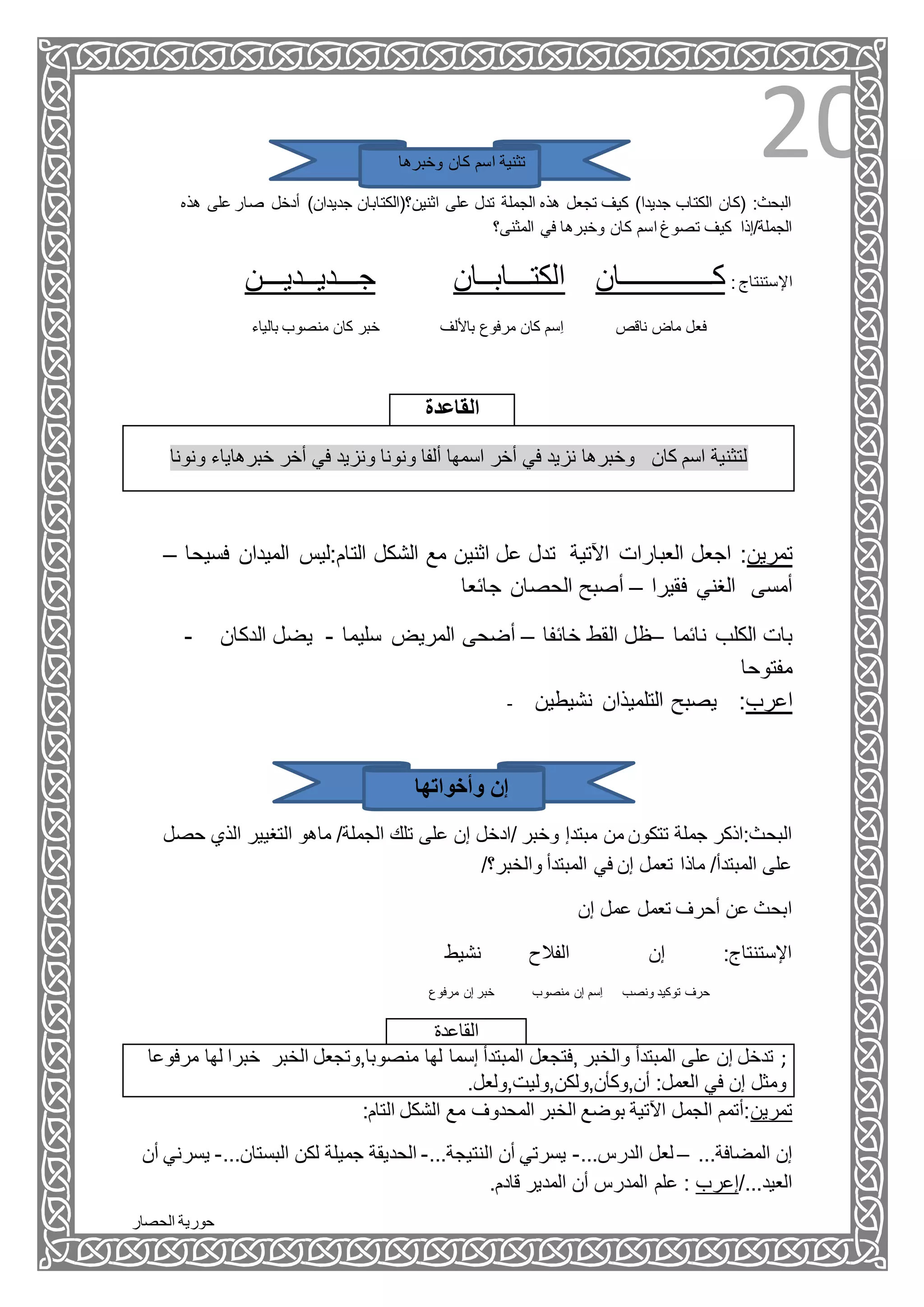 ‫الحصار‬ ‫حورية‬
20‫وخبرها‬ ‫كان‬ ‫اسم‬ ‫تثنية‬
‫ه‬ ‫على‬ ‫صار‬ ‫أدخل‬ )‫جديدان‬ ‫اثنين؟(الكتابان‬ ‫على‬ ‫تدل‬ ‫الجملة‬ ‫هذه‬ ‫تجعل‬ ‫كيف‬ )‫جديدا‬ ‫الكتاب‬ ‫(كان‬ :‫البحث‬‫ذه‬
‫المثنى؟‬ ‫في‬ ‫وخبرها‬ ‫كان‬ ‫اسم‬ ‫تصوغ‬ ‫كيف‬ ‫الجملة/إذا‬
‫جـــديــديـــن‬ ‫الكتـــابــان‬ ‫كـــــــــــــان‬ : ‫اإلستنتاج‬
‫بالياء‬ ‫منصوب‬ ‫كان‬ ‫خبر‬ ‫باأللف‬ ‫مرفوع‬ ‫كان‬ ‫ِسم‬‫ا‬ ‫ناقص‬ ‫ماض‬ ‫فعل‬
‫القاعدة‬
‫ونونا‬ ‫خبرهاياء‬ ‫أخر‬ ‫في‬ ‫ونزيد‬ ‫ونونا‬ ‫ألفا‬ ‫اسمها‬ ‫أخر‬ ‫في‬ ‫نزيد‬ ‫وخبرها‬ ‫كان‬ ‫اسم‬ ‫لتثنية‬
– ‫فسيحا‬ ‫الميدان‬ ‫التام:ليس‬ ‫الشكل‬ ‫مع‬ ‫اثنين‬ ‫عل‬ ‫تدل‬ ‫اآلتية‬ ‫العبارات‬ ‫اجعل‬ :‫تمرين‬
‫فقيرا‬ ‫الغني‬ ‫أمسى‬–‫جائعا‬ ‫الحصان‬ ‫أصبح‬
- ‫نائما‬ ‫الكلب‬ ‫بات‬–‫خائفا‬ ‫القط‬ ‫ظل‬–‫سليما‬ ‫المريض‬ ‫أضحى‬-‫ال‬ ‫يضل‬‫دكان‬
‫مفتوحا‬
- ‫نشيطين‬ ‫التلميذان‬ ‫يصبح‬ :‫اعرب‬
‫وأخواتها‬ ‫إن‬
‫مبتدإ‬ ‫من‬ ‫تتكون‬ ‫جملة‬ ‫البحث:اذكر‬‫ح‬ ‫الذي‬ ‫التغيير‬ ‫ماهو‬ /‫الجملة‬ ‫تلك‬ ‫على‬ ‫إن‬ ‫/ادخل‬ ‫وخبر‬‫صل‬
/‫والخبر؟‬ ‫المبتدأ‬ ‫في‬ ‫إن‬ ‫تعمل‬ ‫ماذا‬ /‫المبتدأ‬ ‫على‬
‫إن‬ ‫عمل‬ ‫تعمل‬ ‫أحرف‬ ‫عن‬ ‫ابحث‬
‫نشيط‬ ‫الفالح‬ ‫إن‬ :‫اإلستنتاج‬
‫ونصب‬ ‫توكيد‬ ‫حرف‬‫مرفوع‬ ‫إن‬ ‫خبر‬ ‫منصوب‬ ‫إن‬ ‫ِسم‬‫ا‬
‫القاعدة‬
‫ل‬ ‫خبرا‬ ‫الخبر‬ ‫منصوبا,وتجعل‬ ‫لها‬ ‫إسما‬ ‫المبتدأ‬ ‫,فتجعل‬ ‫والخبر‬ ‫المبتدأ‬ ‫على‬ ‫إن‬ ‫تدخل‬‫مرفوعا‬ ‫ها‬ ;
.‫أن,وكأن,ولكن,وليت,ولعل‬ :‫العمل‬ ‫في‬ ‫إن‬ ‫ومثل‬
:‫التام‬ ‫الشكل‬ ‫مع‬ ‫المحدوف‬ ‫الخبر‬ ‫بوضع‬ ‫اآلتية‬ ‫الجمل‬ ‫تمرين:أتمم‬
‫أن‬ ‫يسرني‬ -...‫البستان‬ ‫لكن‬ ‫جميلة‬ ‫الحديقة‬ -...‫النتيجة‬ ‫أن‬ ‫يسرتي‬ -...‫الدرس‬ ‫لعل‬ – ...‫المضافة‬ ‫إن‬
.‫قادم‬ ‫المدير‬ ‫أن‬ ‫المدرس‬ ‫علم‬ : ‫العيد.../إعرب‬
 