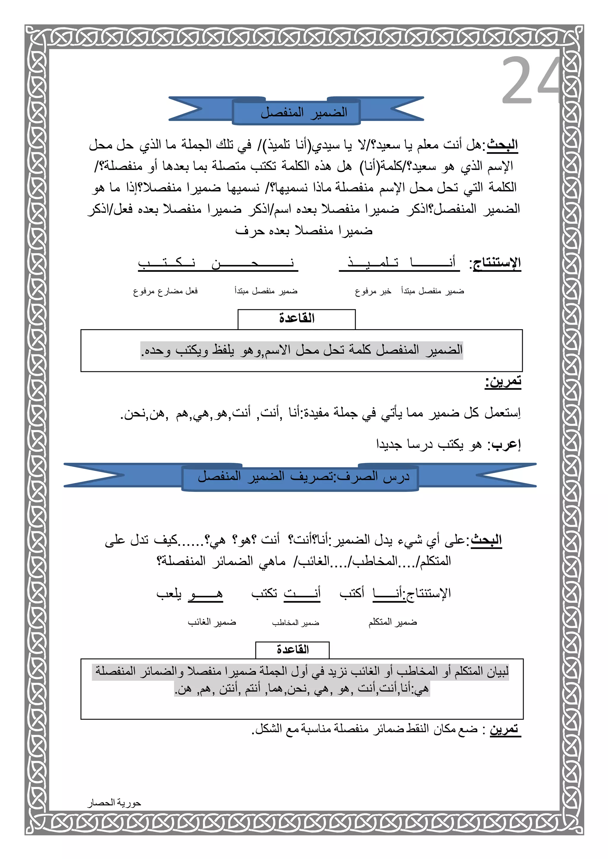 ‫الحصار‬ ‫حورية‬
24‫المنفصل‬ ‫الضمير‬
‫محل‬ ‫حل‬ ‫الذي‬ ‫ما‬ ‫الجملة‬ ‫تلك‬ ‫في‬ /)‫تلميذ‬ ‫سيدي(أنا‬ ‫يا‬ ‫سعيد؟/ال‬ ‫يا‬ ‫معلم‬ ‫أنت‬ ‫البحث:هل‬
‫منفص‬ ‫أو‬ ‫بعدها‬ ‫بما‬ ‫متصلة‬ ‫تكتب‬ ‫الكلمة‬ ‫هذه‬ ‫هل‬ )‫سعيد؟/كلمة(أنا‬ ‫هو‬ ‫الذي‬ ‫اإلسم‬/‫لة؟‬
‫اإلسم‬ ‫محل‬ ‫تحل‬ ‫التي‬ ‫الكلمة‬‫منفصال؟‬ ‫ضميرا‬ ‫نسميها‬ /‫نسميها؟‬ ‫ماذا‬ ‫منفصلة‬‫هو‬ ‫ما‬ ‫إذا‬
‫بع‬ ‫منفصال‬ ‫ضميرا‬ ‫اسم/اذكر‬ ‫بعده‬ ‫منفصال‬ ‫ضميرا‬ ‫المنفصل؟اذكر‬ ‫الضمير‬‫ده‬‫فعل/اذكر‬
‫حرف‬ ‫بعده‬ ‫منفصال‬ ‫ضميرا‬
‫نـــكـــتــــب‬ ‫نــــــــــحـــــــــن‬ ‫تــلمـــيــــذ‬ ‫أنـــــــــــا‬ :‫اإلستنتاج‬
‫ض‬‫مبتدأ‬ ‫منفصل‬ ‫مير‬‫مرفوع‬ ‫مضارع‬ ‫فعل‬ ‫مبتدأ‬ ‫منفصل‬ ‫ضمير‬ ‫مرفوع‬ ‫خبر‬
‫القاعدة‬
.‫وحده‬ ‫ويكتب‬ ‫يلفظ‬ ‫االسم,وهو‬ ‫محل‬ ‫تحل‬ ‫كلمة‬ ‫المنفصل‬ ‫الضمير‬
:‫تمرين‬
.‫,هن,نحن‬ ‫أنت,هو,هي,هم‬ ,‫,أنت‬ ‫مفيدة:أنا‬ ‫جملة‬ ‫في‬ ‫يأتي‬ ‫مما‬ ‫ضمير‬ ‫كل‬ ‫ِستعمل‬‫ا‬
‫إعرب‬‫درسا‬ ‫يكتب‬ ‫هو‬ :‫جديدا‬
‫المنفصل‬ ‫الضمير‬ ‫الصرف:تصريف‬ ‫درس‬
‫على‬ ‫تدل‬ ‫هي؟......كيف‬ ‫؟هو؟‬ ‫أنت‬ ‫الضمير:أنا؟أنت؟‬ ‫يدل‬ ‫شيء‬ ‫أي‬ ‫البحث:على‬
‫المنفصلة؟‬ ‫الضمائر‬ ‫ماهي‬ /‫المتكلم/....المخاطب/....الغائب‬
‫يلعب‬ ‫هـــــــو‬ ‫تكتب‬ ‫أنــــــت‬ ‫أكتب‬ ‫اإلستنتاج:أنــــــا‬
‫المتكلم‬ ‫ضمير‬‫المخاطب‬ ‫ضمير‬‫الغائب‬ ‫ضمير‬
‫القاعدة‬
‫المنفصلة‬ ‫والضمائر‬ ‫منفصال‬ ‫ضميرا‬ ‫الجملة‬ ‫أول‬ ‫في‬ ‫نزيد‬ ‫الغائب‬ ‫أو‬ ‫المخاطب‬ ‫أو‬ ‫المتكلم‬ ‫لبيان‬
.‫هن‬ ,‫,هم‬ ‫,أنتن‬ ‫أنتم‬ ,‫,نحن,هما‬ ‫,هي‬ ‫,هو‬ ‫هي:أنا,أنت,أنت‬
.‫الشكل‬ ‫مع‬ ‫مناسبة‬ ‫منفصلة‬ ‫ضمائر‬ ‫النقط‬ ‫مكان‬ ‫ضع‬ : ‫تمرين‬
 