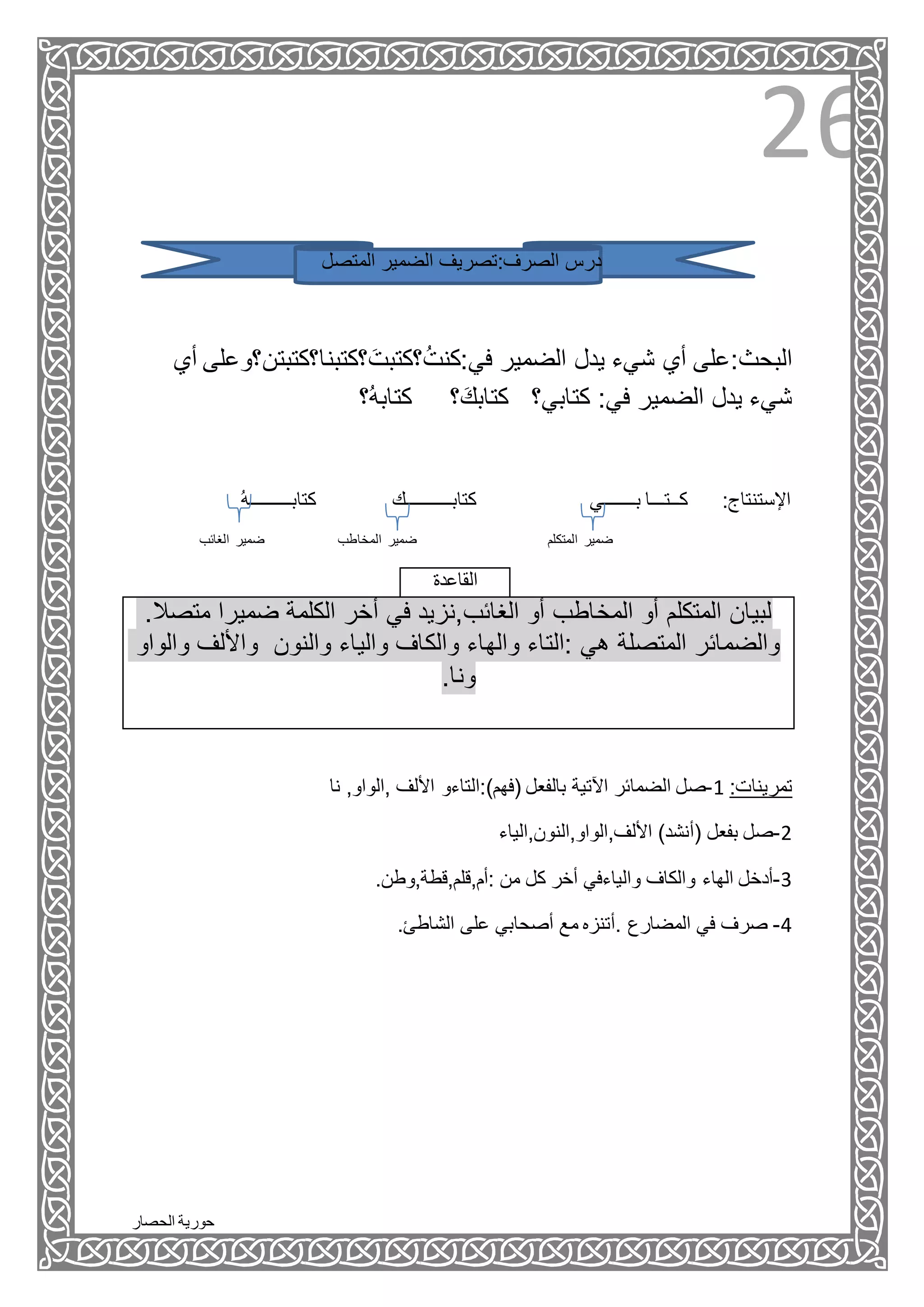 ‫الحصار‬ ‫حورية‬
26
‫درس‬‫المتصل‬ ‫الضمير‬ ‫الصرف:تصريف‬
‫؟كتبنا؟كتبتن‬َ‫؟كتبت‬ُ‫ت‬‫في:كن‬ ‫الضمير‬ ‫يدل‬ ‫شيء‬ ‫أي‬ ‫البحث:على‬‫أي‬ ‫؟وعلى‬
:‫في‬ ‫الضمير‬ ‫يدل‬ ‫شيء‬‫ُ؟‬‫ه‬‫كتاب‬ ‫؟‬َ‫كتابك‬ ‫كتابي؟‬
ُ‫ه‬‫كتابـــــــــ‬ ‫كتابــــــــــك‬ ‫بـــــــي‬ ‫كــتـــا‬ :‫اإلستنتاج‬
‫المتكلم‬ ‫ضمير‬‫الغائب‬ ‫ضمير‬ ‫المخاطب‬ ‫ضمير‬
‫القاعدة‬
.‫متصال‬ ‫ضميرا‬ ‫الكلمة‬ ‫أخر‬ ‫في‬ ‫الغائب,نزيد‬ ‫أو‬ ‫المخاطب‬ ‫أو‬ ‫المتكلم‬ ‫لبيان‬
‫والواو‬ ‫واأللف‬ ‫والنون‬ ‫والياء‬ ‫والكاف‬ ‫والهاء‬ ‫:التاء‬ ‫هي‬ ‫المتصلة‬ ‫والضمائر‬
.‫ونا‬
‫نا‬ ,‫,الواو‬ ‫األلف‬ ‫(فهم):التاءو‬ ‫بالفعل‬ ‫اآلتية‬ ‫الضمائر‬ ‫1-صل‬ :‫تمرينات‬
2-‫األلف,الواو,النون,الياء‬ )‫(أنشد‬ ‫بفعل‬ ‫صل‬
3-.‫:أم,قلم,قطة,وطن‬ ‫من‬ ‫كل‬ ‫أخر‬ ‫والياءفي‬ ‫والكاف‬ ‫الهاء‬ ‫أدخل‬
4-‫عل‬ ‫أصحابي‬ ‫مع‬ ‫.أتنزه‬ ‫المضارع‬ ‫في‬ ‫صرف‬.‫الشاطئ‬ ‫ى‬
 