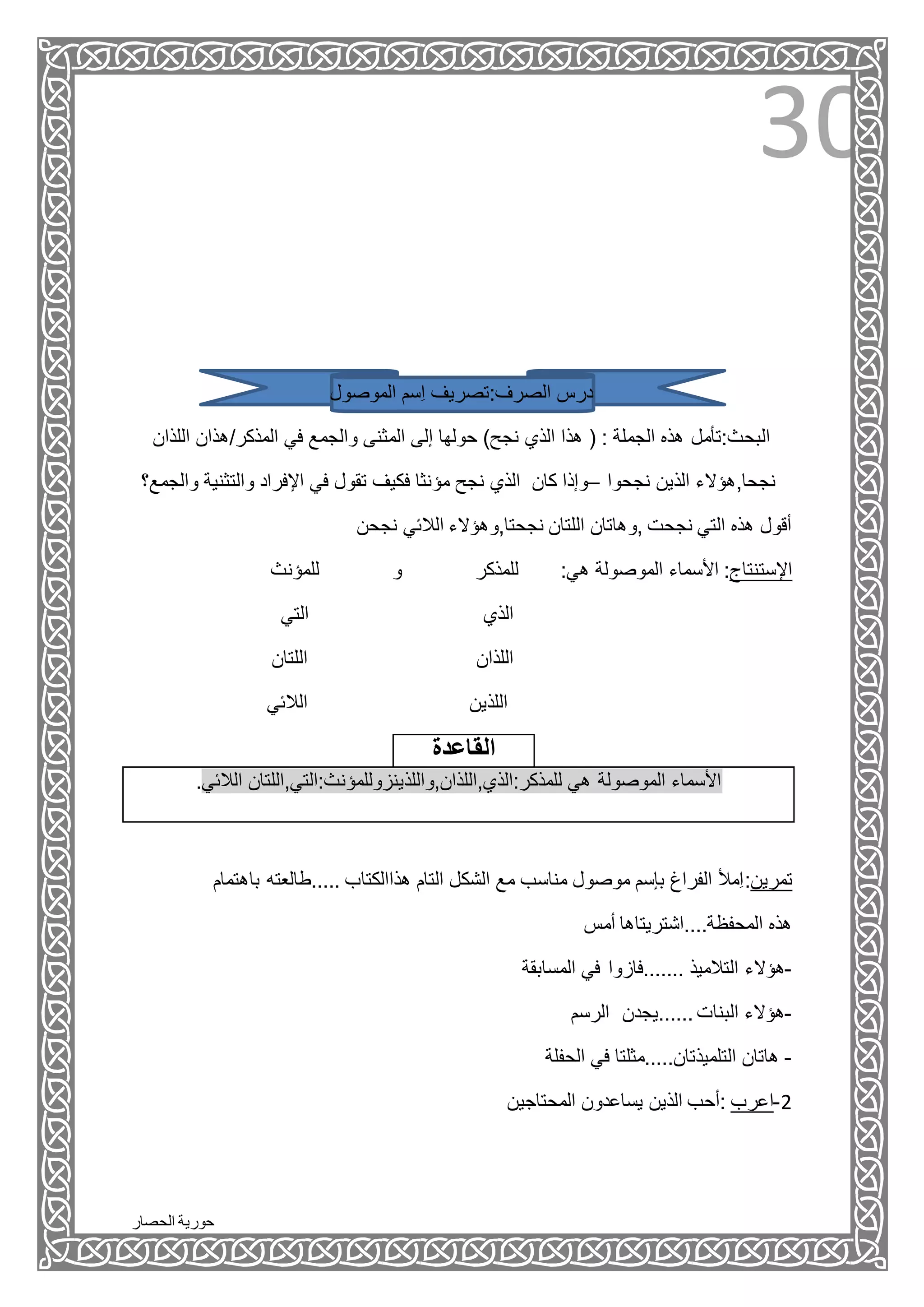 ‫الحصار‬ ‫حورية‬
30
‫الموصول‬ ‫ِسم‬‫ا‬ ‫الصرف:تصريف‬ ‫درس‬
‫البحث:تأمل‬‫اللذان‬ ‫المذكر/هذان‬ ‫في‬ ‫والجمع‬ ‫المثنى‬ ‫إلى‬ ‫حولها‬ )‫نجح‬ ‫الذي‬ ‫هذا‬ ( : ‫الجملة‬ ‫هذه‬
‫نجحوا‬ ‫الذين‬ ‫نجحا,هؤالء‬–‫و‬ ‫والتثنية‬ ‫اإلفراد‬ ‫في‬ ‫تقول‬ ‫فكيف‬ ‫مؤنثا‬ ‫نجح‬ ‫الذي‬ ‫كان‬ ‫وإذا‬‫الجمع؟‬
‫نجحن‬ ‫الالئي‬ ‫نجحتا,وهؤالء‬ ‫اللتان‬ ‫,وهاتان‬ ‫نجحت‬ ‫التي‬ ‫هذه‬ ‫أقول‬
‫للمؤنث‬ ‫و‬ ‫للمذكر‬ :‫هي‬ ‫الموصولة‬ ‫األسماء‬ :‫اإلستنتاج‬
‫التي‬ ‫الذي‬
‫اللتان‬ ‫اللذان‬
‫الالئي‬ ‫اللذين‬
‫القاعدة‬
.‫الالئي‬ ‫للمذكر:الذي,اللذان,واللذينزوللمؤنث:التي,اللتان‬ ‫هي‬ ‫الموصولة‬ ‫األسماء‬
‫باهتمام‬ ‫.....طالعته‬ ‫هذاالكتاب‬ ‫التام‬ ‫الشكل‬ ‫مع‬ ‫مناسب‬ ‫موصول‬ ‫بإسم‬ ‫الفراغ‬ ‫ِمأل‬‫ا‬:‫تمرين‬
‫أمس‬ ‫المحفظة....اشتريتاها‬ ‫هذه‬
-‫هؤالء‬‫المسابقة‬ ‫في‬ ‫.......فازوا‬ ‫التالميذ‬
-‫الرسم‬ ‫......يجدن‬‫البنات‬ ‫هؤالء‬
-‫الحفلة‬ ‫في‬ ‫التلميذتان.....مثلتا‬ ‫هاتان‬
‫المحتاجين‬ ‫يساعدون‬ ‫الذين‬ ‫:أحب‬ ‫2-اعرب‬
 