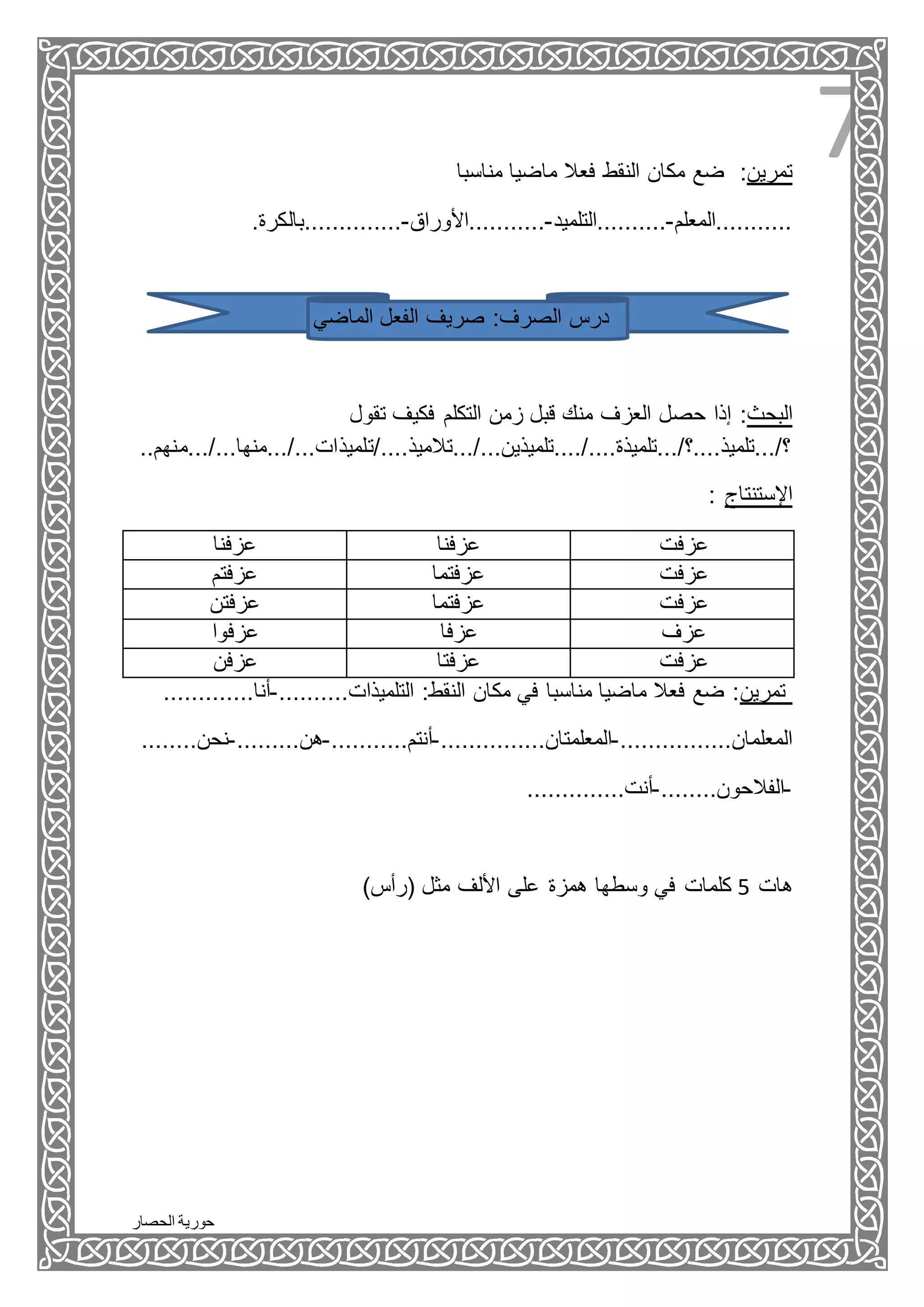 ‫الحصار‬ ‫حورية‬
7‫مناسبا‬ ‫ماضيا‬ ‫فعال‬ ‫النقط‬ ‫مكان‬ ‫ضع‬ :‫تمرين‬
‫...........المعلم‬-‫..........التلميد‬-‫...........األوراق‬-‫..............بالكرة‬.
‫الماضي‬ ‫الفعل‬ ‫صريف‬ :‫الصرف‬ ‫درس‬
‫تقول‬ ‫فكيف‬ ‫التكلم‬ ‫زمن‬ ‫قبل‬ ‫منك‬ ‫العزف‬ ‫حصل‬ ‫إذا‬ :‫البحث‬
../...‫؟/...تلميذ....؟/...تلميذة..../....تلميذين.../...تالميذ..../تلميذات.../...منها‬..‫.منهم‬
: ‫اإلستنتاج‬
‫عزفنا‬ ‫عزفنا‬ ‫عزفت‬
‫عزفتم‬ ‫عزفتما‬ ‫عزف‬‫ت‬
‫عزفتن‬ ‫عزفتما‬ ‫عزفت‬
‫عزفوا‬ ‫عزفا‬ ‫عزف‬
‫عزفن‬ ‫عزفتا‬ ‫عزفت‬
.............‫التلميذات..........-أنا‬ :‫النقط‬ ‫مكان‬ ‫في‬ ‫مناسبا‬ ‫ماضيا‬ ‫فعال‬ ‫ضع‬ :‫تمرين‬
................‫المعلمان‬-...............‫المعلمتان‬-...........‫أنتم‬-.........‫هن‬-........‫نحن‬
-........‫الفالحون‬-..............‫أنت‬
‫هات‬5)‫(رأس‬ ‫مثل‬ ‫األلف‬ ‫على‬ ‫همزة‬ ‫وسطها‬ ‫في‬ ‫كلمات‬
 