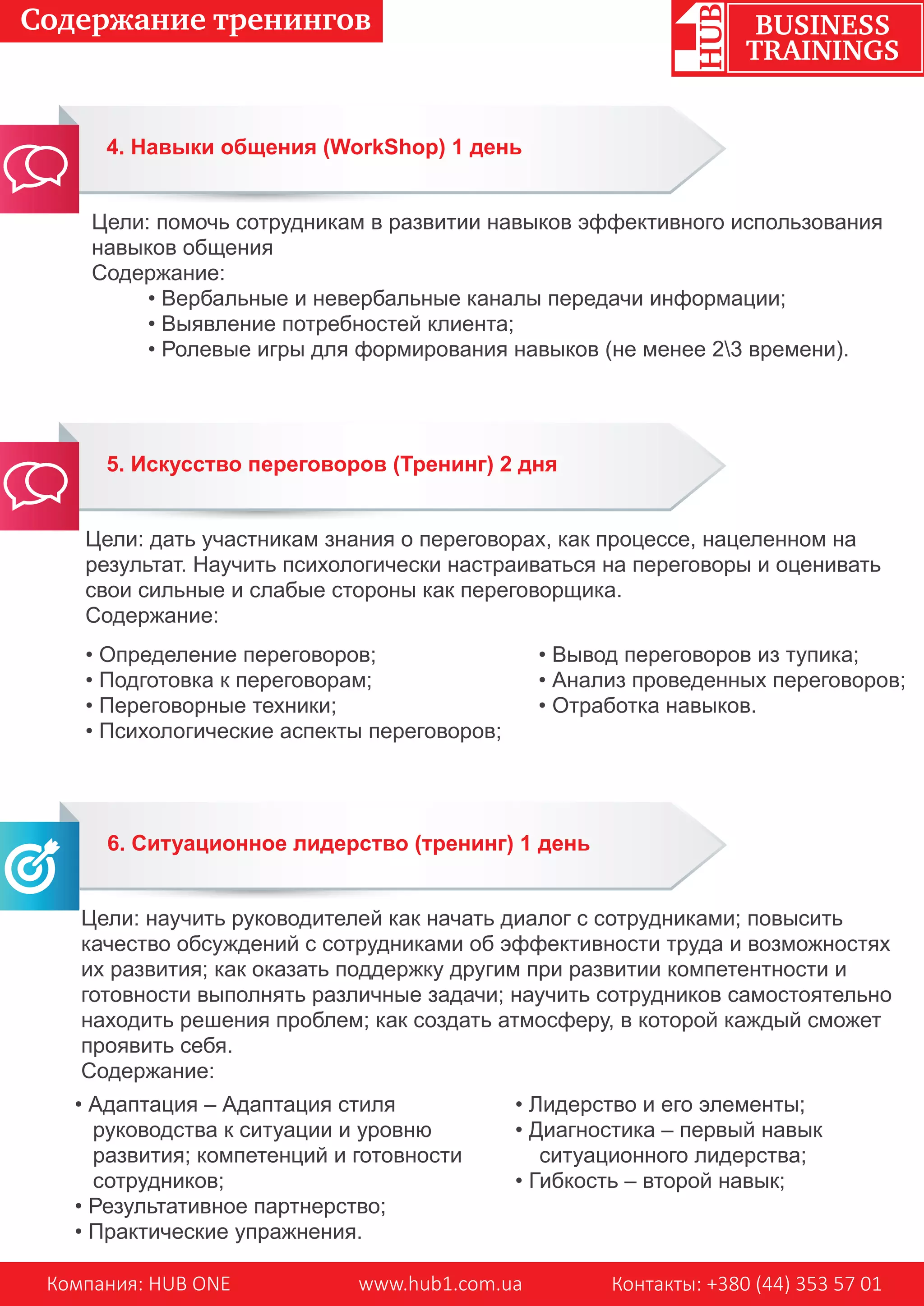 4. Навыки общения (WorkShop) 1 день
Цели: помочь сотрудникам в развитии навыков эффективного использования
навыков общения
Содержание:
• Вербальные и невербальные каналы передачи информации;
• Выявление потребностей клиента;
• Ролевые игры для формирования навыков (не менее 23 времени).
Компания: HUB ONE www.hub1.com.ua Контакты: +380 (44) 353 57 01
BUSINESS
TRAININGS
Содержание тренингов
5. Искусство переговоров (Тренинг) 2 дня
Цели: дать участникам знания о переговорах, как процессе, нацеленном на
результат. Научить психологически настраиваться на переговоры и оценивать
свои сильные и слабые стороны как переговорщика.
Содержание:
• Определение переговоров;
• Подготовка к переговорам;
• Переговорные техники;
• Психологические аспекты переговоров;
• Вывод переговоров из тупика;
• Анализ проведенных переговоров;
• Отработка навыков.
6. Ситуационное лидерство (тренинг) 1 день
Цели: научить руководителей как начать диалог с сотрудниками; повысить
качество обсуждений с сотрудниками об эффективности труда и возможностях
их развития; как оказать поддержку другим при развитии компетентности и
готовности выполнять различные задачи; научить сотрудников самостоятельно
находить решения проблем; как создать атмосферу, в которой каждый сможет
проявить себя.
Содержание:
• Лидерство и его элементы;
• Диагностика – первый навык
ситуационного лидерства;
• Гибкость – второй навык;
• Адаптация – Адаптация стиля
руководства к ситуации и уровню
развития; компетенций и готовности
сотрудников;
• Результативное партнерство;
• Практические упражнения.
 