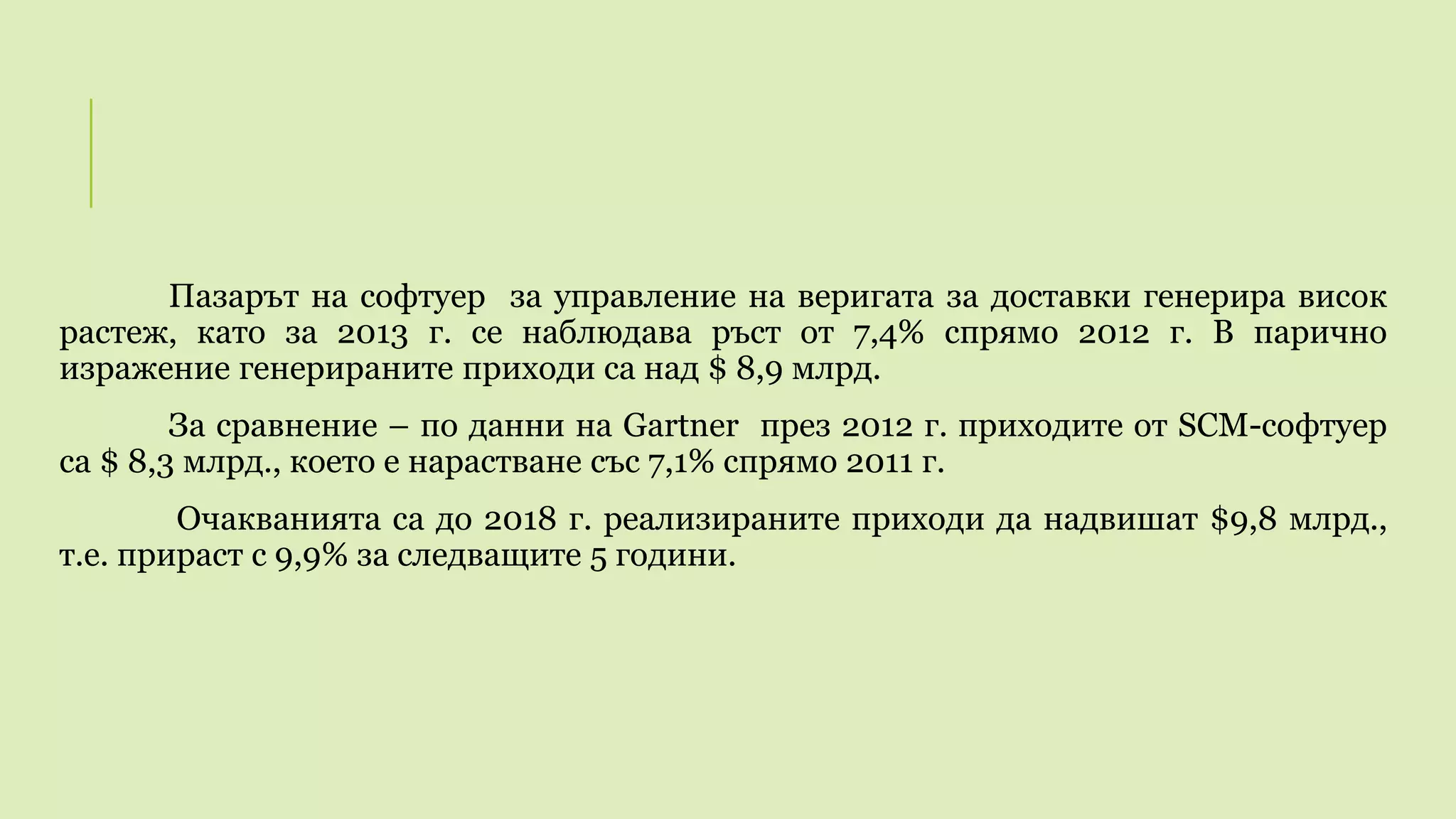 Пазарът на софтуер за управление на веригата за доставки генерира висок
растеж, като за 2013 г. се наблюдава ръст от 7,4% спрямо 2012 г. В парично
изражение генерираните приходи са над $ 8,9 млрд.
За сравнение – по данни на Gartner през 2012 г. приходите от SCM-софтуер
са $ 8,3 млрд., което е нарастване със 7,1% спрямо 2011 г.
Очакванията са до 2018 г. реализираните приходи да надвишат $9,8 млрд.,
т.е. прираст с 9,9% за следващите 5 години.
 