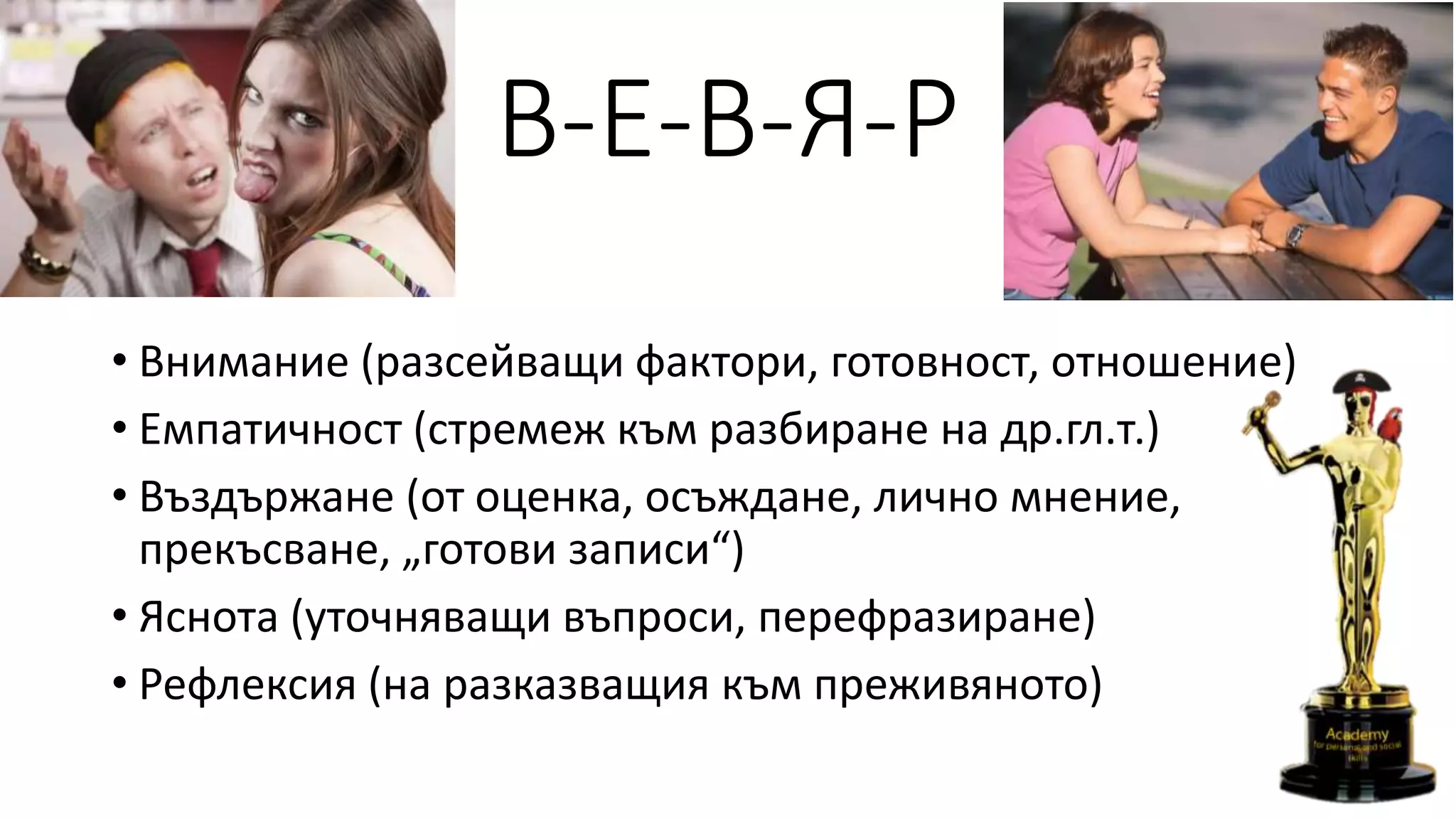 В-Е-В-Я-Р
• Внимание (разсейващи фактори, готовност, отношение)
• Емпатичност (стремеж към разбиране на др.гл.т.)
• Въздържане (от оценка, осъждане, лично мнение,
прекъсване, „готови записи“)
• Яснота (уточняващи въпроси, перефразиране)
• Рефлексия (на разказващия към преживяното)
 