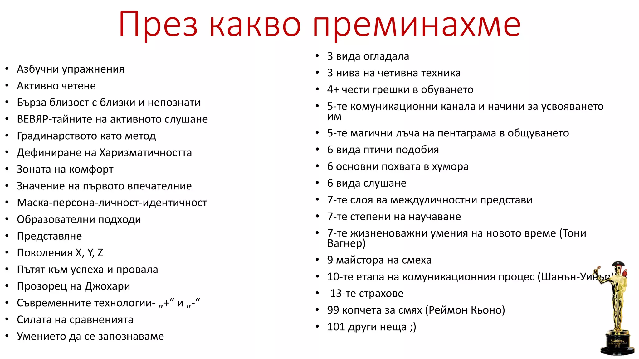 През какво преминахме
• Азбучни упражнения
• Активно четене
• Бърза близост с близки и непознати
• ВЕВЯР-тайните на активното слушане
• Градинарството като метод
• Дефиниране на Харизматичността
• Зоната на комфорт
• Значение на първото впечателние
• Маска-персона-личност-идентичност
• Образователни подходи
• Представяне
• Поколения X, Y, Z
• Пътят към успеха и провала
• Прозорец на Джохари
• Съвременните технологии- „+“ и „-“
• Силата на сравненията
• Умението да се запознаваме
• 3 вида огладала
• 3 нива на четивна техника
• 4+ чести грешки в обуването
• 5-те комуникационни канала и начини за усвояването
им
• 5-те магични лъча на пентаграма в общуването
• 6 вида птичи подобия
• 6 основни похвата в хумора
• 6 вида слушане
• 7-те слоя ва междуличностни представи
• 7-те степени на научаване
• 7-те жизненоважни умения на новото време (Тони
Вагнер)
• 9 майстора на смеха
• 10-те етапа на комуникационния процес (Шанън-Уивър)
• 13-те страхове
• 99 копчета за смях (Реймон Кьоно)
• 101 други неща ;)
 