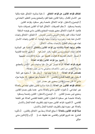 9
‫االخالق‬ ‫اعد‬‫و‬‫ق‬ ‫عن‬ ‫القانون‬ ‫اعد‬‫و‬‫ق‬ ‫اختالف‬1.‫ة‬‫ر‬‫مباش‬ ‫غاية‬:‫مثالية‬ ‫غايتو‬ ‫االخالق‬
‫لمكمال‬ ‫االنسان‬ ‫خير‬.‫االجتماعي‬ ‫التنظيم‬ ‫وحسن‬ ‫المجتمع‬‫و‬ ‫لمفرد‬ ‫نفعية‬ ‫القانون‬ ‫وغاية‬.
2.‫ار‬‫ر‬‫االستق‬‫و‬ ‫ح‬‫الوضو‬.‫ة‬‫ر‬‫مستق‬ ‫وغير‬ ‫غامضة‬ ‫االخالق‬ ‫اعد‬‫و‬‫ق‬.‫القانون‬ ‫اعد‬‫و‬‫وق‬
‫ة‬‫ر‬‫ومستق‬ ‫اضحة‬‫و‬.3.‫التصرفات‬ ‫حكم‬.‫مادية‬ ‫تصرفات‬ ‫القانون‬ ‫أما‬ ‫النية‬ ‫االخالق‬
‫ة‬‫ر‬‫ظاى‬.4.‫اء‬‫ز‬‫الج‬.‫السمطة‬ ‫يفرضو‬ ‫مادي‬ ‫القانون‬‫و‬ ‫المجتمع‬ ‫يفرضو‬ ‫معنوي‬ ‫االخالق‬
‫لمضمان‬ ‫الحبس‬‫و‬ ‫عي‬‫الشر‬ ‫بالدفاع‬ ‫الفرد‬ ‫استثناء‬ ‫العامة‬.5.‫النطاق‬:‫اجبات‬‫و‬ ‫االخالق‬
‫ايجابية‬‫و‬ ‫سمبية‬ ‫اجبات‬‫و‬‫و‬ ‫بو‬‫ر‬‫و‬ ‫ه‬‫ر‬‫وغي‬ ‫نفسو‬ ‫تجاه‬ ‫االنسان‬.‫االنسان‬ ‫اجبات‬‫و‬ ‫القانون‬ ‫أما‬
‫االخالق‬ ‫بخالف‬ ‫اجبات‬‫و‬‫ال‬‫و‬ ‫الحقوق‬ ‫وينظم‬ ‫ه‬‫ر‬‫غي‬ ‫تجاه‬.
‫االخالق‬‫و‬ ‫القانون‬ ‫اعد‬‫و‬‫ق‬ ‫بين‬ ‫التشابو‬‫و‬ ‫الصمة‬ ‫اجو‬‫و‬‫و‬ ‫مظاىر‬1.‫ة‬‫ر‬‫المباش‬ ‫غير‬ ‫الغاية‬:
‫فيو‬ ‫العدل‬ ‫ار‬‫ر‬‫اق‬‫و‬ ‫تنظيمو‬ ‫وحسن‬ ‫المجتمع‬ ‫اسعاد‬ ‫كالىما‬.2.‫القانونية‬ ‫القاعدة‬ ‫تكوين‬
3.‫القانونية‬ ‫االحكام‬ ‫اصدار‬4.‫الطبيعية‬ ‫امات‬‫ز‬‫كااللت‬ ‫ممزمة‬ ‫غير‬ ‫قانونية‬ ‫امات‬‫ز‬‫الت‬
‫العدالة‬ ‫اعد‬‫و‬‫وق‬ ‫القانون‬ ‫اعد‬‫و‬‫ق‬ ‫بين‬ ‫التمييز‬
‫العدالة‬ ‫اعد‬‫و‬‫ق‬ ‫تعريف‬:‫المجتمع‬‫و‬ ‫االنسان‬ ‫خير‬ ‫يستيدف‬ ‫عميا‬ ‫مثل‬ ‫عن‬ ‫تصدر‬ ‫اعد‬‫و‬‫ق‬
‫منصفة‬ ‫حمول‬ ‫من‬ ‫بو‬ ‫ومايوحي‬ ‫باالنصاف‬ ‫شعور‬ ‫من‬ ‫النفوس‬ ‫يمأل‬ ‫بما‬.
‫العدالة‬ ‫اعد‬‫و‬‫ق‬ ‫خصائص‬:1.‫اجتماعية‬ ‫عامة‬.2.‫عميا‬ ‫مثل‬3.‫ثابتة‬ ‫غير‬ ‫ة‬‫ر‬‫متغي‬
4.‫القاضي‬‫و‬ ‫ع‬‫لممشر‬ ‫قاطعة‬ ‫غير‬ ‫حمول‬5.‫ة‬‫ر‬‫مستق‬ ‫وغير‬ ‫غامضة‬6.‫اء‬‫ز‬‫ج‬ ‫ممزمة‬
‫لو‬ ‫مصدر‬ ‫غير‬ ‫ومعنوي‬ ‫لمقانون‬ ‫ا‬‫ر‬‫مصد‬ ‫كان‬ ‫اذا‬ ‫مادي‬.
‫العدالة‬ ‫عن‬ ‫القانون‬ ‫اعد‬‫و‬‫ق‬ ‫اختالف‬:1.‫العدالة‬‫و‬ ‫اجتماعي‬ ‫تنظيم‬ ‫القانون‬ ‫ة‬‫ر‬‫مباش‬ ‫غاية‬
‫اجتماعي‬ ‫خير‬.2.‫اء‬‫ز‬‫الج‬:‫لمقانون‬ ‫ا‬‫ر‬‫مصد‬ ‫يكون‬ ‫عندما‬ ‫مادي‬ ‫العدالة‬‫و‬ ‫مادي‬ ‫القانون‬
‫لمقانون‬ ‫ا‬‫ر‬‫مصد‬ ‫ليس‬ ‫ومعنوي‬3.‫ار‬‫ر‬‫االستق‬‫و‬ ‫ح‬‫الوضو‬:‫ة‬‫ر‬‫ومستق‬ ‫اضحة‬‫و‬ ‫القانون‬
‫ة‬‫ر‬‫مستق‬ ‫غير‬ ‫غامضة‬ ‫العدالة‬‫و‬4.‫الحمول‬:‫قاطعة‬ ‫غير‬ ‫العدالة‬ ‫لمقاضي‬ ‫قاطعة‬ ‫القانون‬
‫لمقاضي‬.5.‫يد‬‫ر‬‫التج‬:‫االنسان‬‫و‬ ‫لمحال‬ ‫العامة‬ ‫بالظروف‬ ‫تيتم‬ ‫مجردة‬ ‫القانون‬ ‫اعد‬‫و‬‫ق‬
‫االنسان‬‫و‬ ‫لمحال‬ ‫الخاصة‬ ‫بالظروف‬ ‫تيتم‬ ‫مجردة‬ ‫غير‬ ‫العدالة‬‫و‬.
‫بالعدالة‬ ‫القانون‬ ‫اعد‬‫و‬‫ق‬ ‫صمة‬1.‫القانون‬‫و‬ ‫االخالق‬ ‫بين‬ ‫وسط‬ ‫العدالة‬ ‫موقع‬.2.‫ه‬‫ر‬‫تأثي‬:
‫تطبيقو‬ ‫عند‬ ‫القاضي‬‫و‬ ‫انين‬‫و‬‫الق‬ ‫يع‬‫ر‬‫تش‬ ‫عند‬ ‫ع‬‫لممشر‬.‫ف‬(2)‫م‬(1)‫مدني‬ ‫قانون‬
‫اقي‬‫ر‬‫ع‬
 