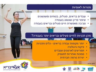 12
‫לאומיות‬ ‫מטרות‬
•‫בריאים‬ ‫עובדים‬,‫פעילים‬,‫ומשגשגים‬ ‫בטוחים‬
•‫בעבודה‬ ‫ושגשוג‬ ‫פריון‬ ‫שיפור‬
•‫בעבודה‬ ‫ובריאים‬ ‫פעילים‬ ‫חיים‬ ‫מאפשרת‬ ‫סביבה‬
‫בעבודה‬ ‫יותר‬ ‫ובריאים‬ ‫פעילים‬ ‫לחיים‬ ‫תכניות‬ ‫מהן‬?
•‫בריאים‬ ‫עבודה‬ ‫מקומות‬ ‫יותר‬-‫ותכניות‬ ‫כלים‬
•‫ורגולציה‬ ‫פיקוח‬
•‫ועובדים‬ ‫לארגונים‬ ‫תמריצים‬
•‫למעסיק‬ ‫ואחריות‬ ‫סמכות‬
•‫נורמה‬ ‫יצירת‬‫חברתית‬
‫צילום‬:‫דרן‬ ‫גל‬
 